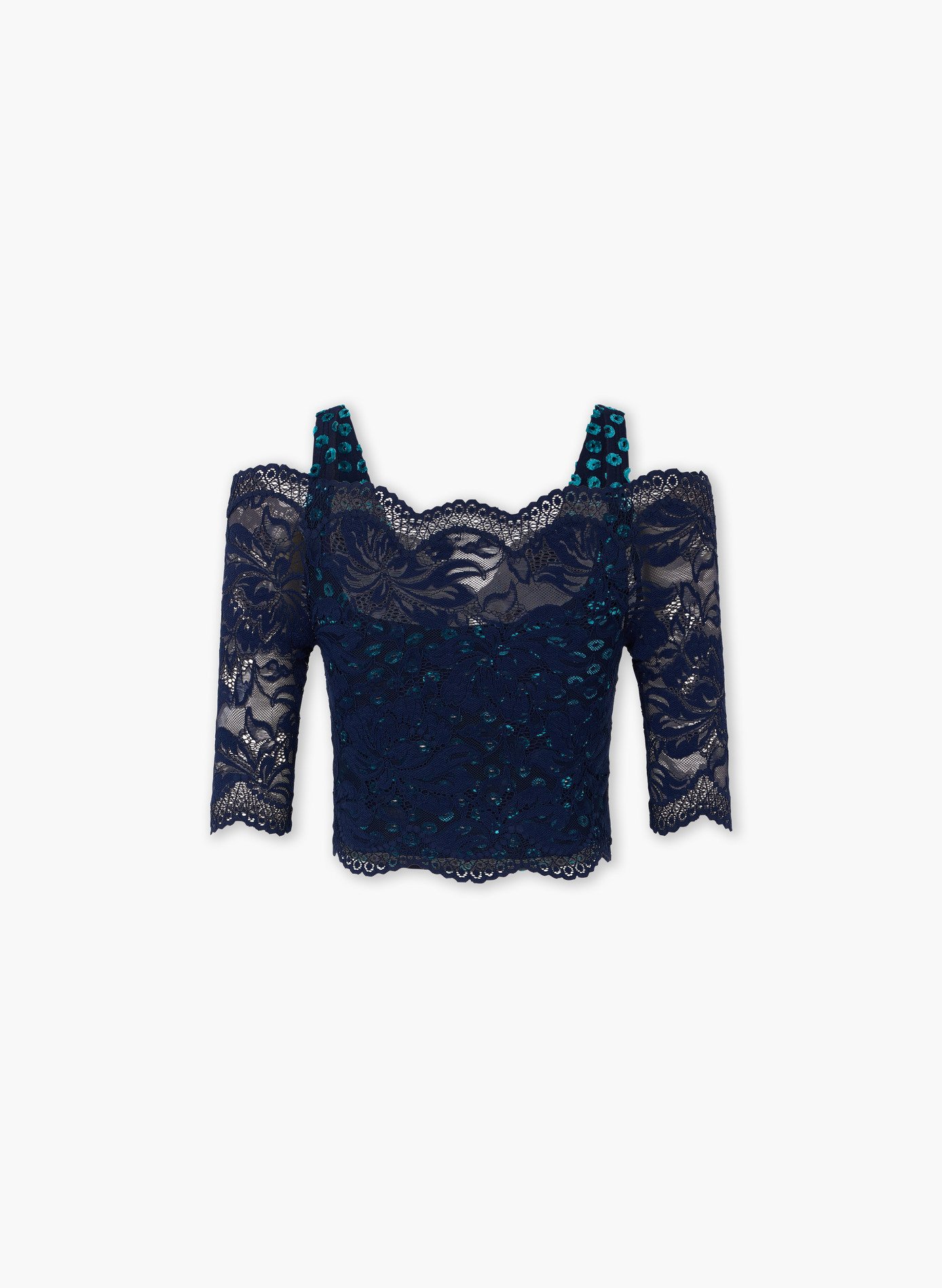 Top trompe-l'œil en dentelle à manches courtes RABANNE Bleu