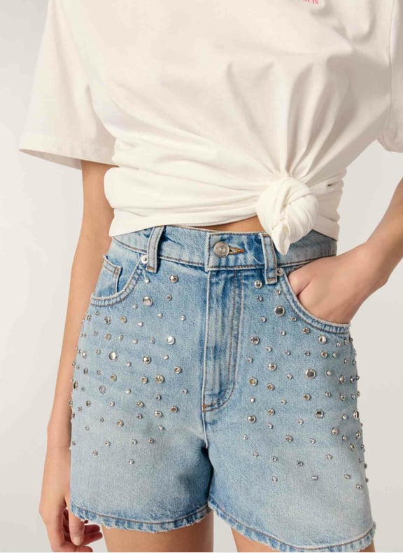 Short en jean à strass Bleu by MAJE MAJE Short en jean à strass Bleu