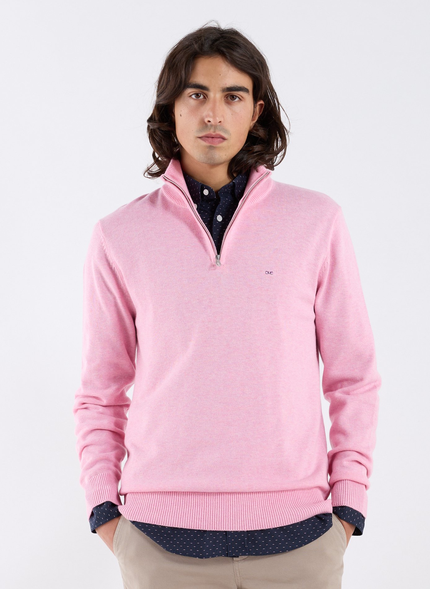 Pull col zippé en laine et coton EDEN PARK Rose