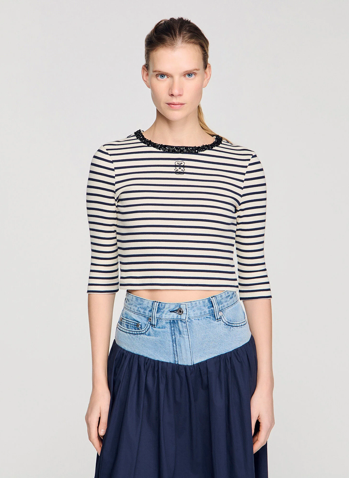 Tee-shirt col rond en coton mélangé SANDRO Bleu