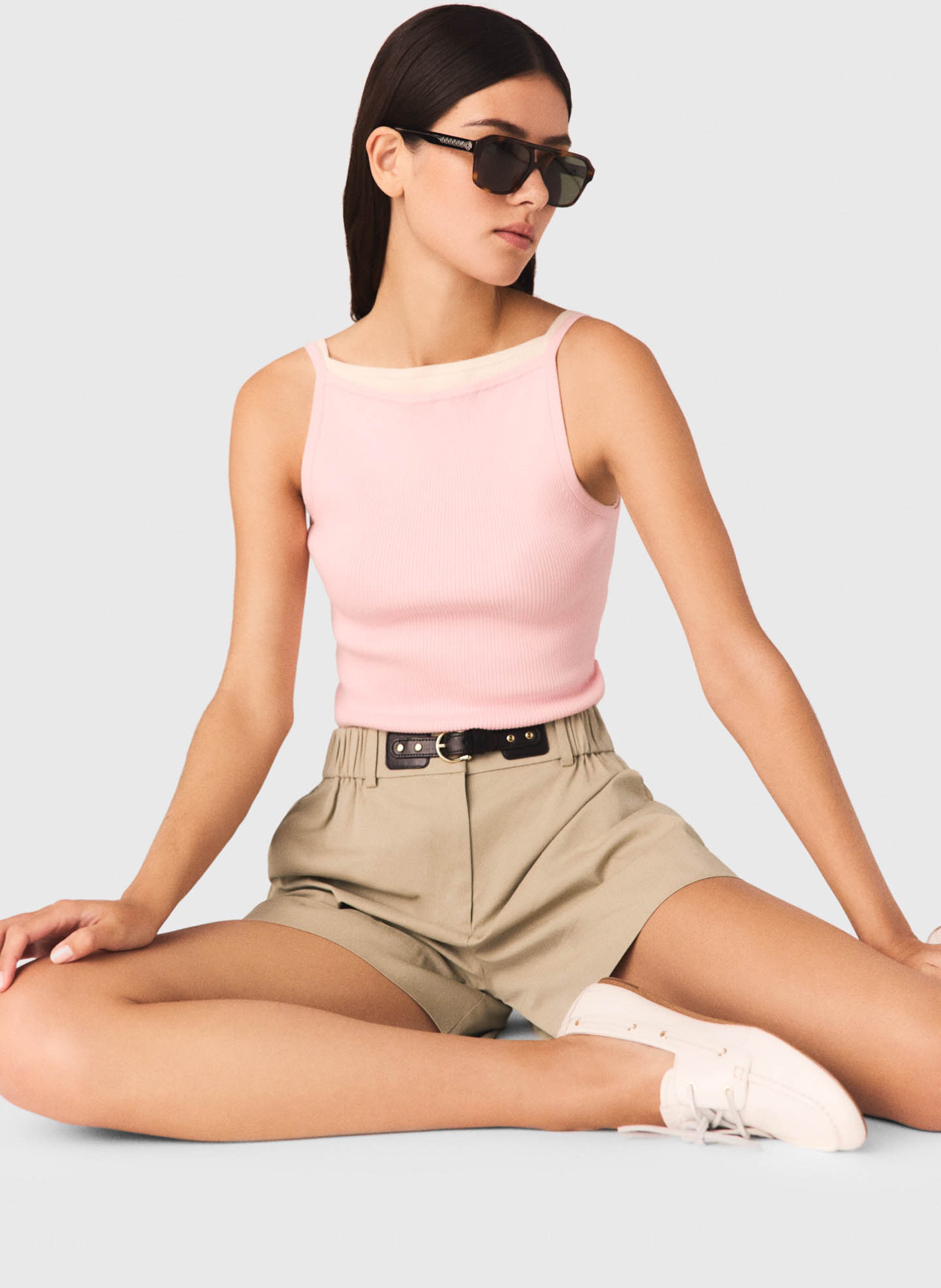 Top ajusté côtelé en coton mélangé MAJE Rose