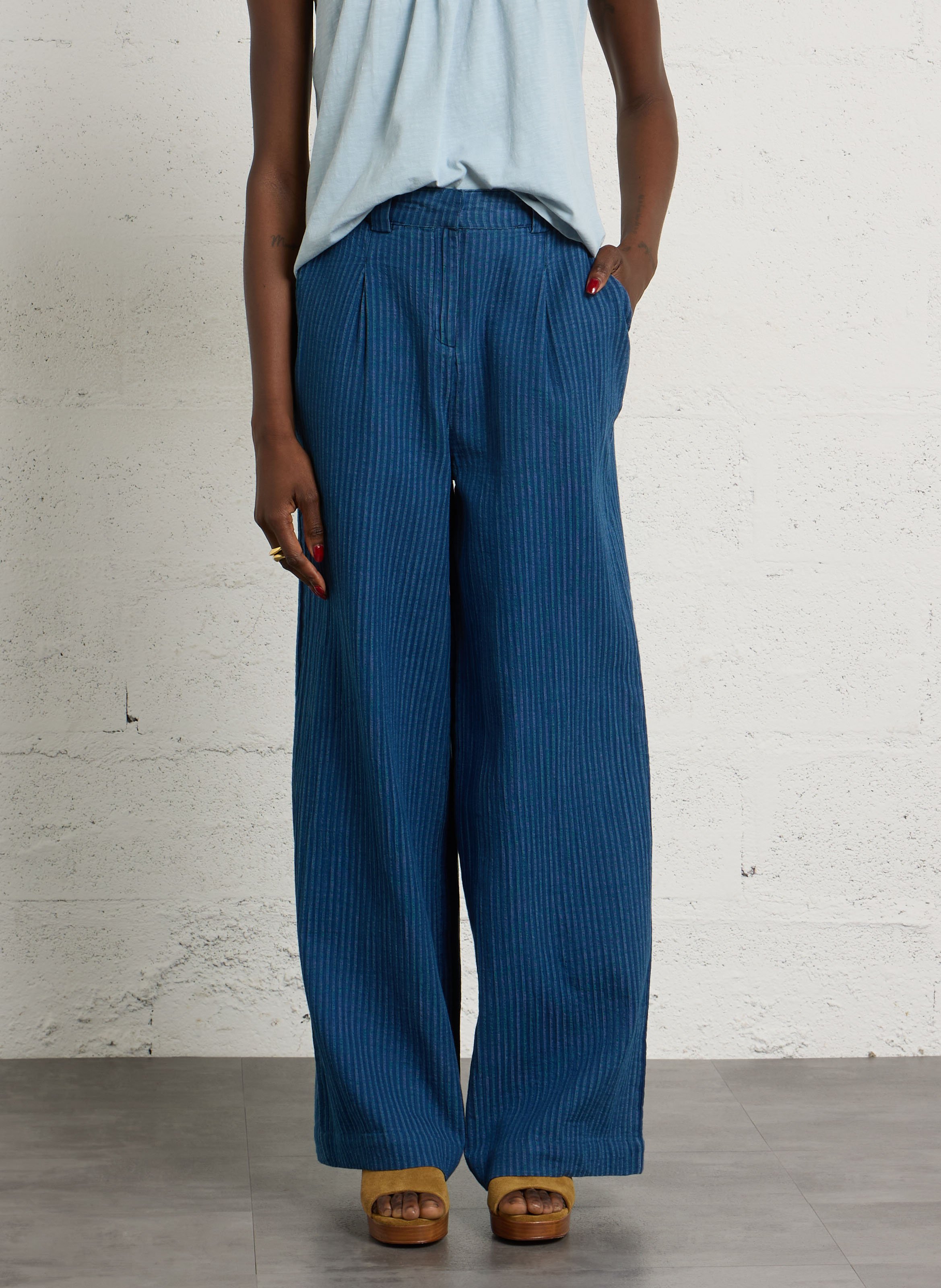 Pantalon large en coton rayé teddy MAISON 123 Bleu