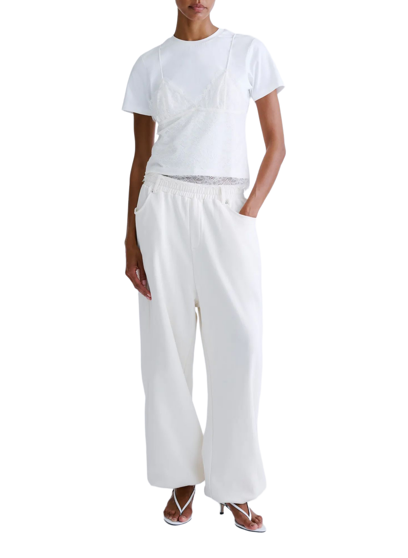 T-shirt droit superposé avec dentelle en coton LOVE STORIES Blanc