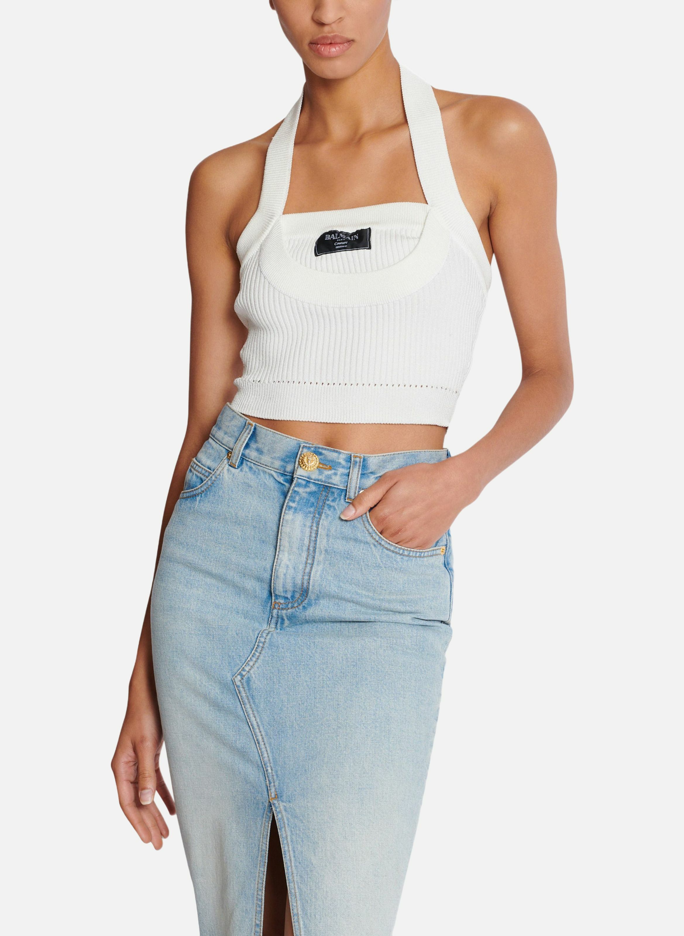 Top dos-nu en maille côtelée BALMAIN Blanc