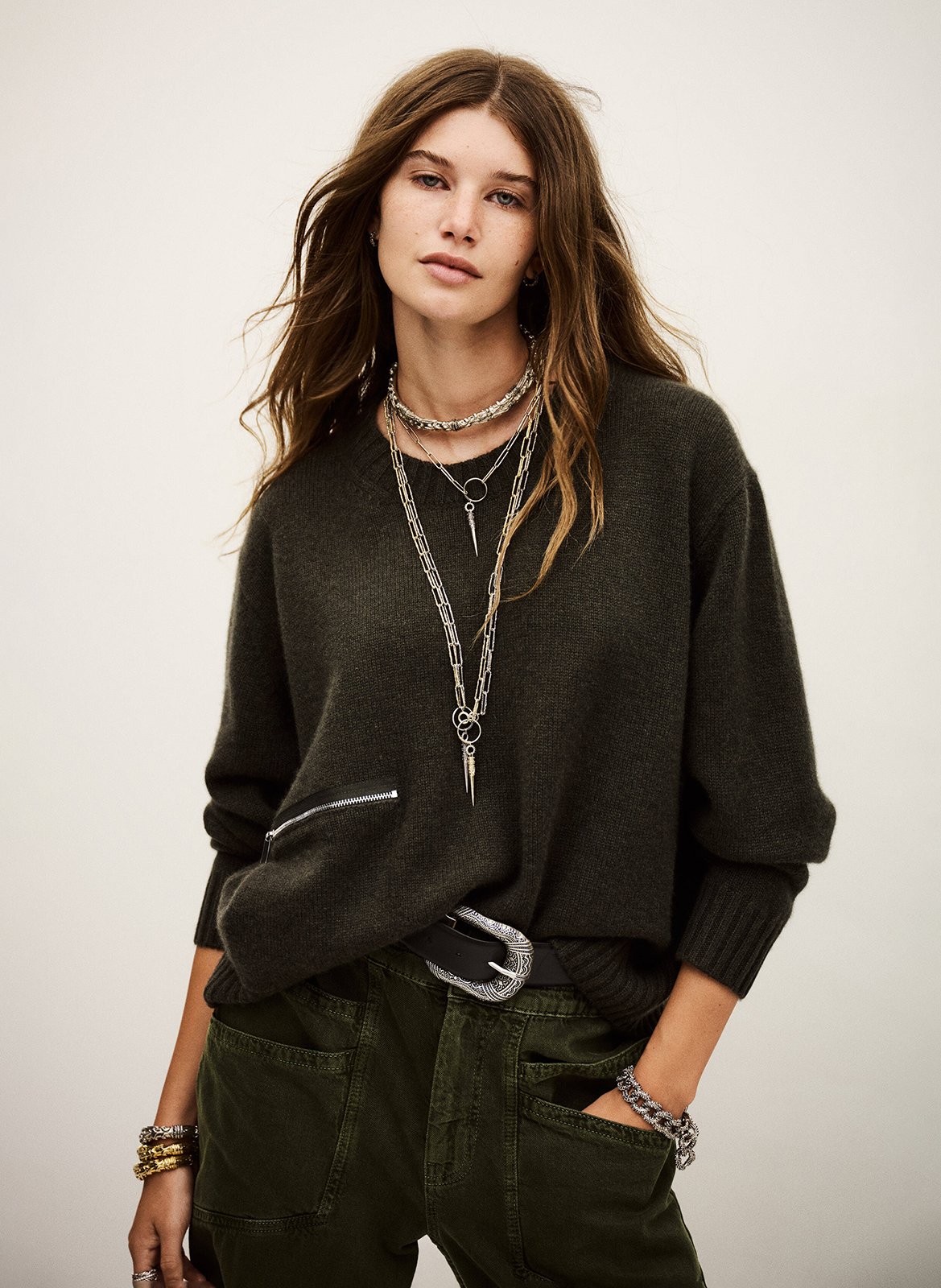 Pull oversize col rond en cachemire cesnik BA&SH Kaki