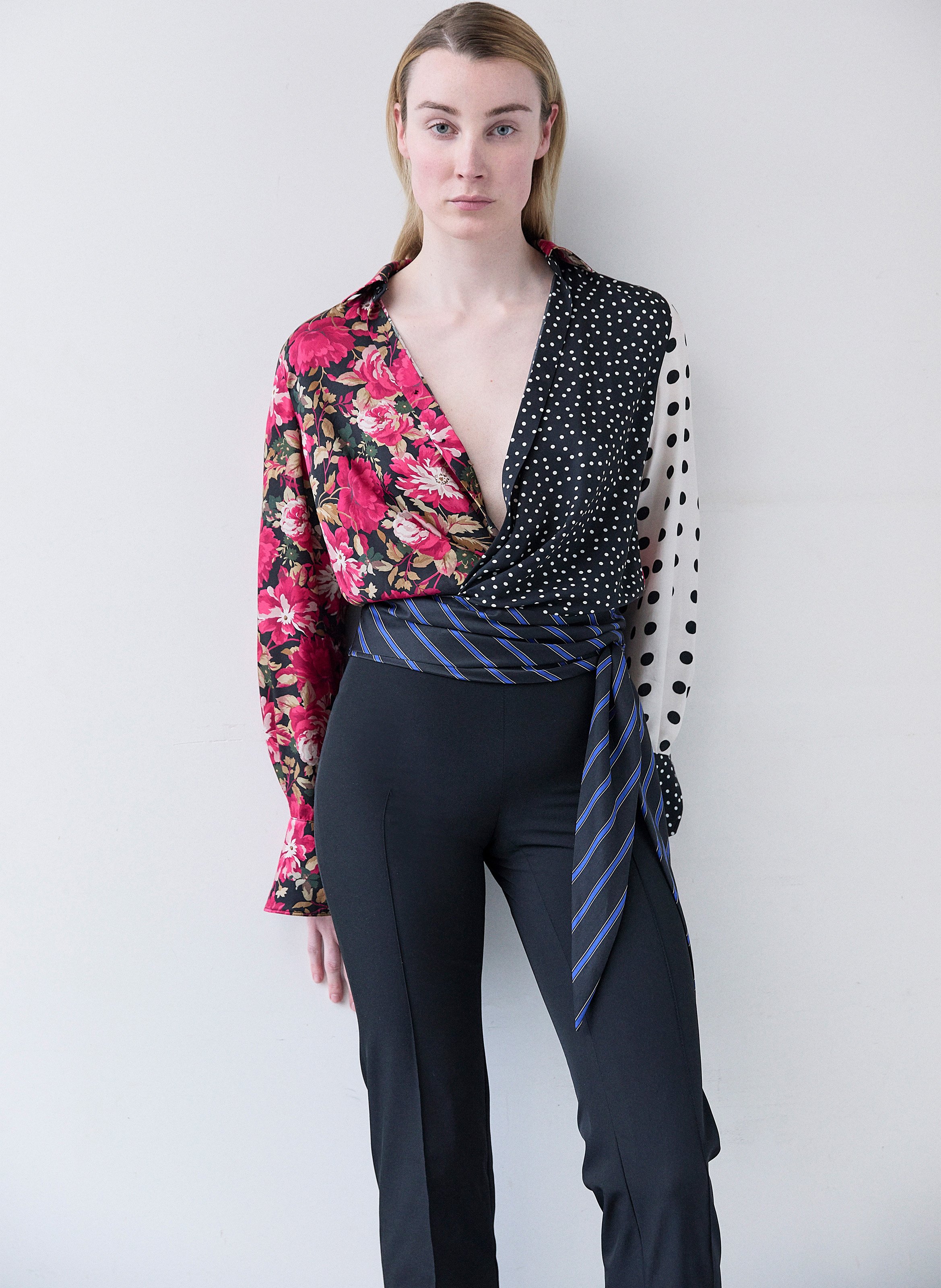 Chemise portée en twill soyeux patchwork drapé VAILLANT Multicolore