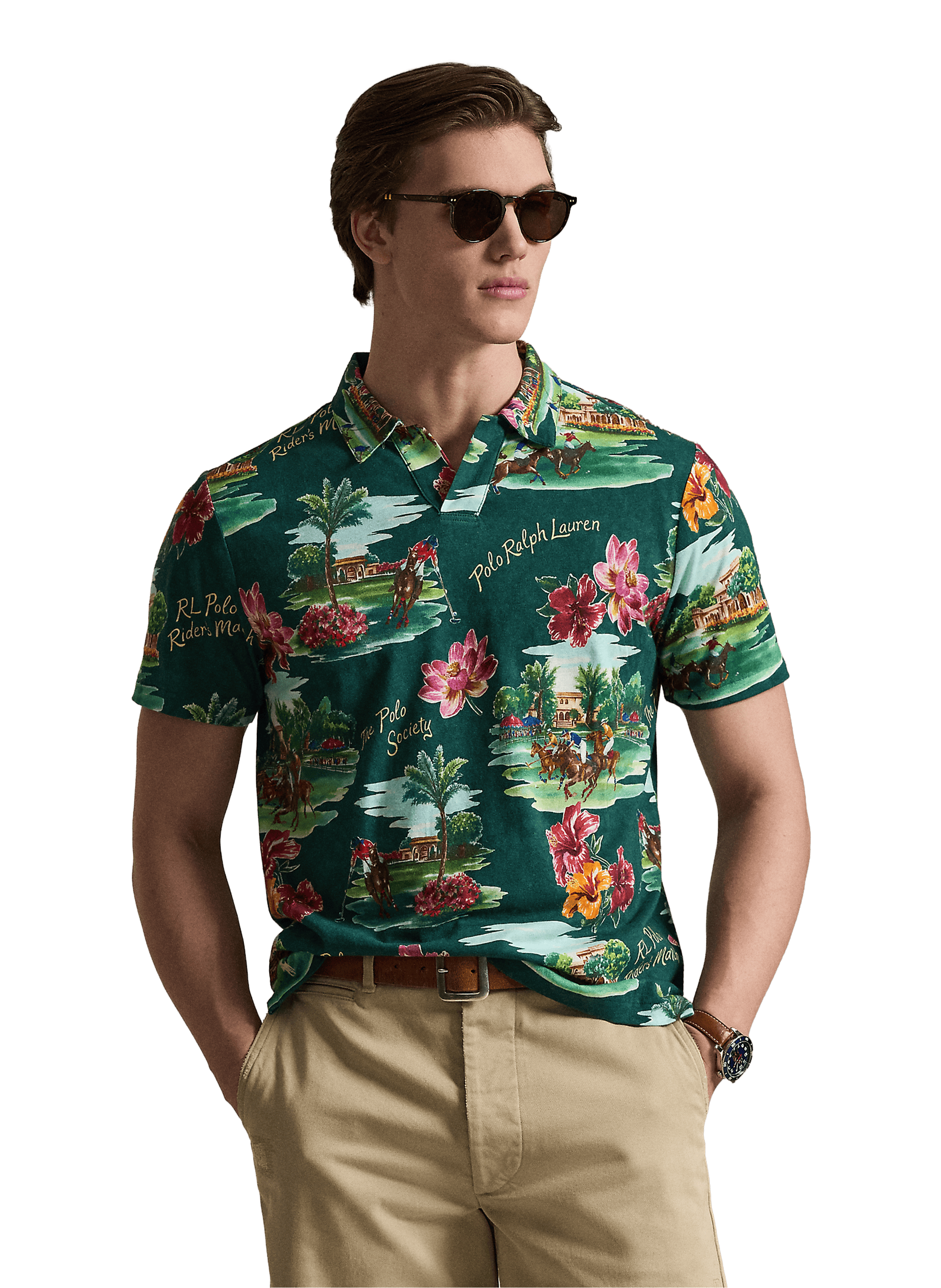 Polo imprimé à manches courtes en lin et coton POLO RALPH LAUREN Green