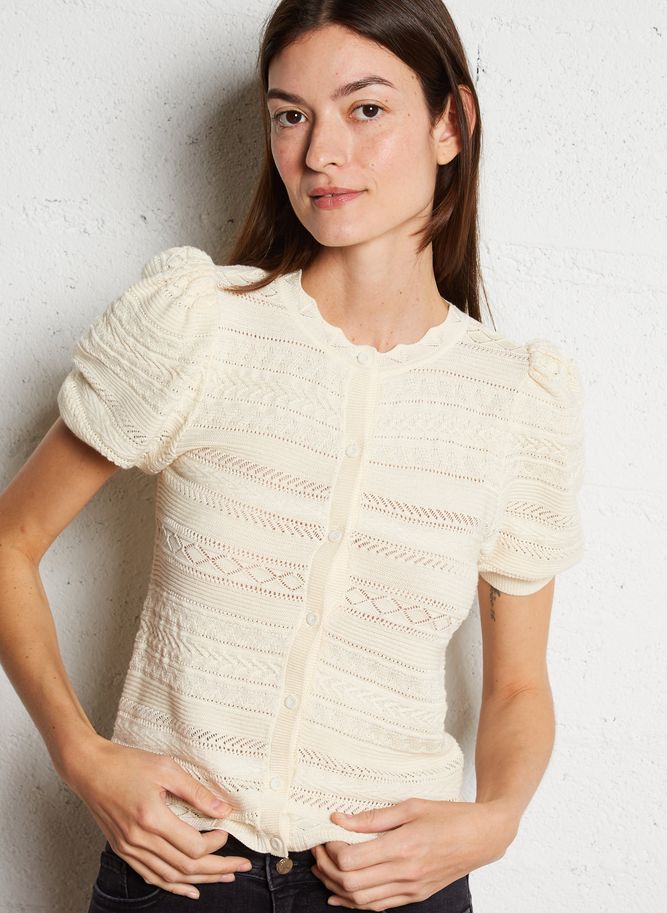 Gilet manches courtes ajouré en coton mélangé vinat BA&SH Beige