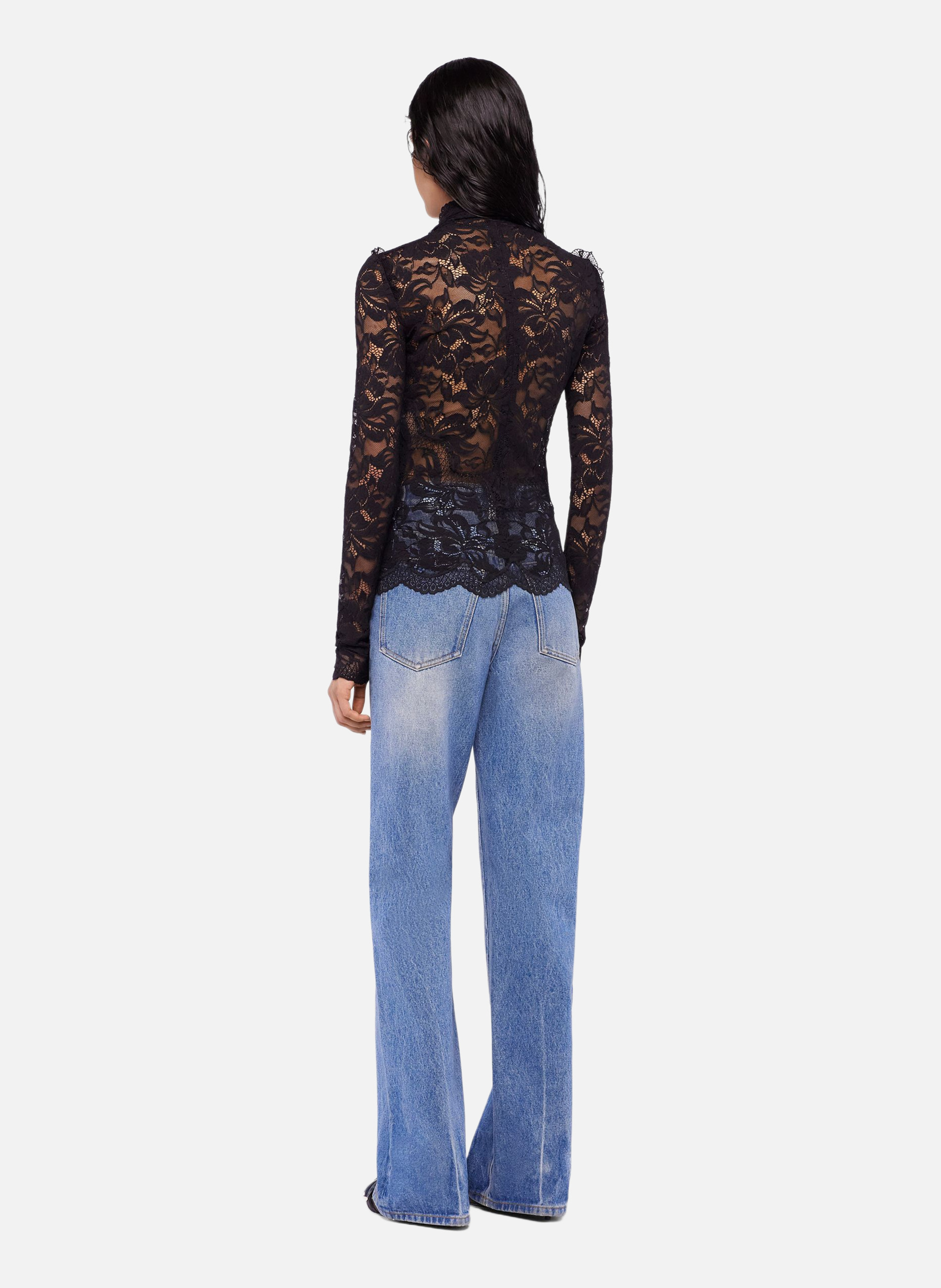 Top manches longues en dentelle col montant RABANNE Noir