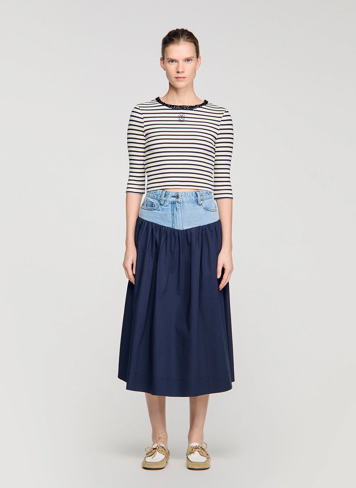 Tee-shirt col rond en coton mélangé SANDRO Bleu