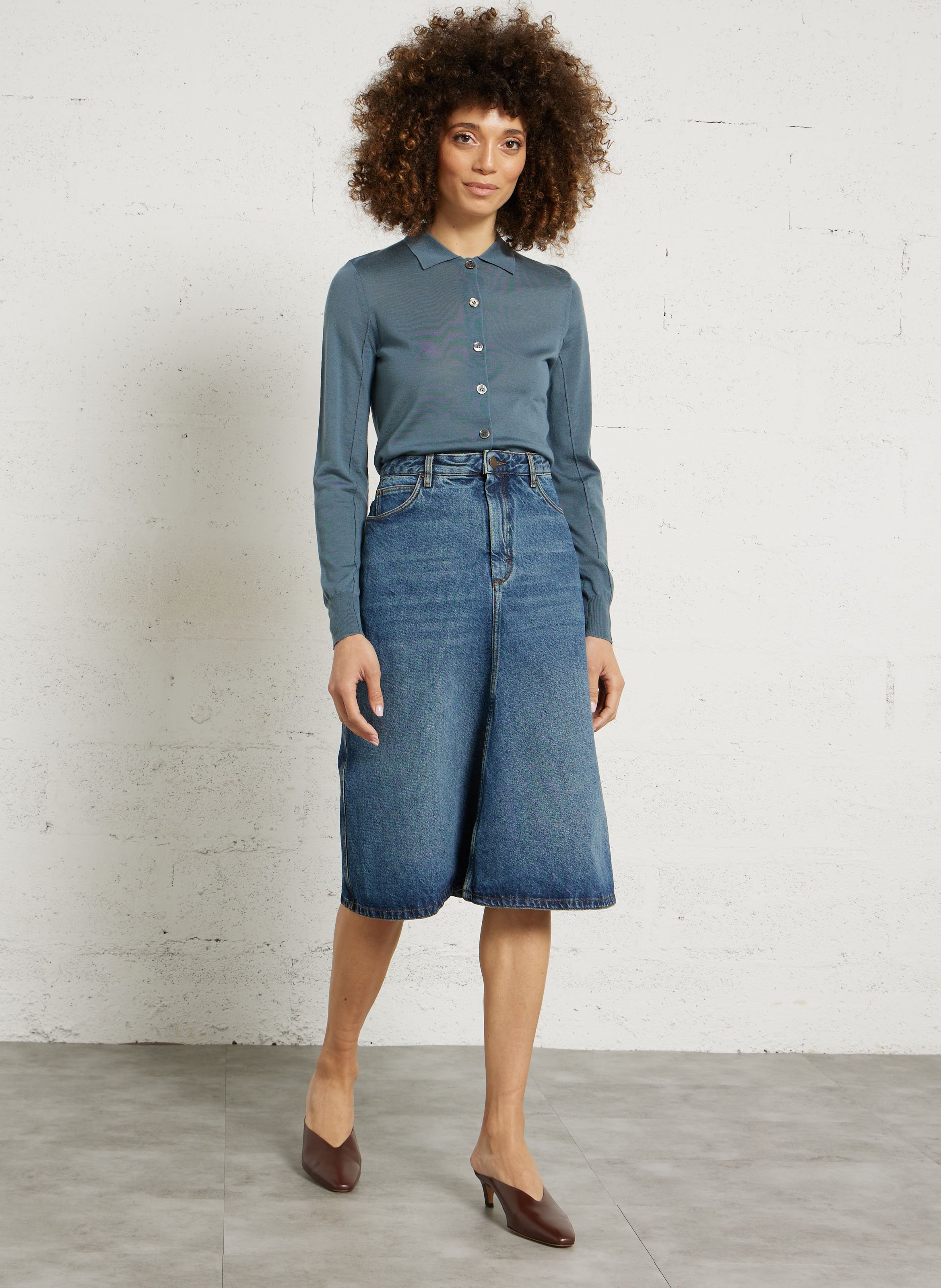 Jupe midi évasée en denim halo SOEUR Bleu