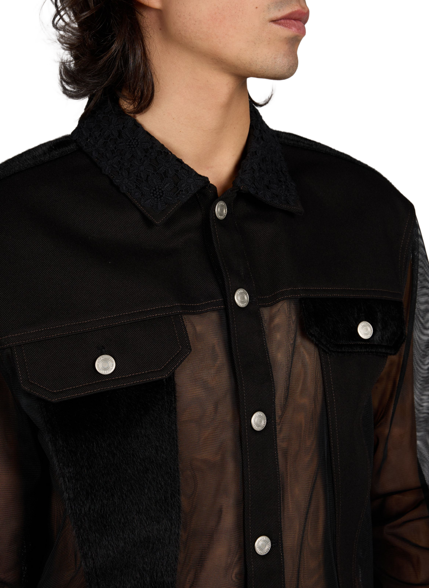 Veste bi-matière semi-transparente à col brodé ANDERSSON BELL Black