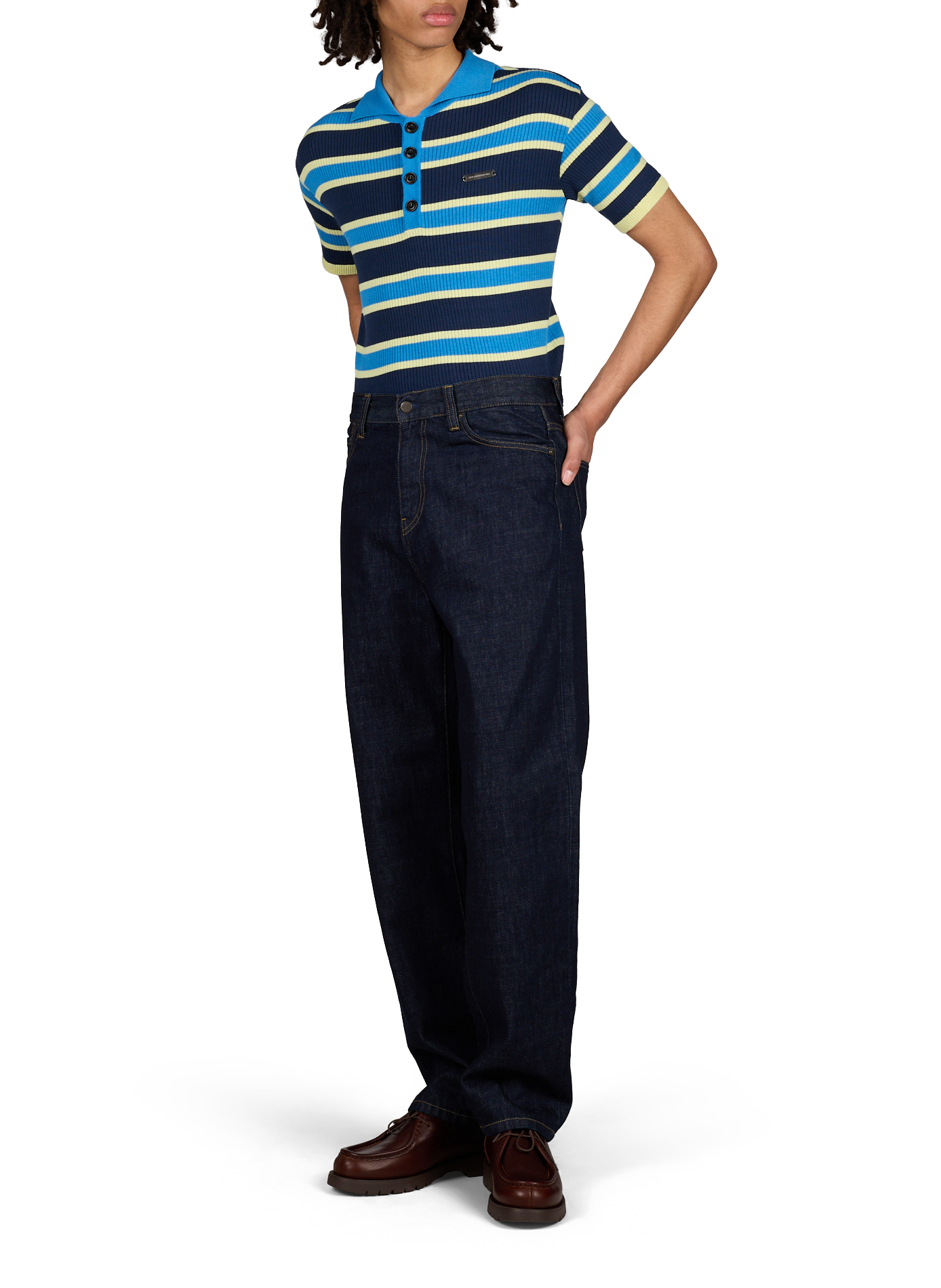 Polo manches courtes à rayures en coton et laine ANDERSSON BELL Bleu