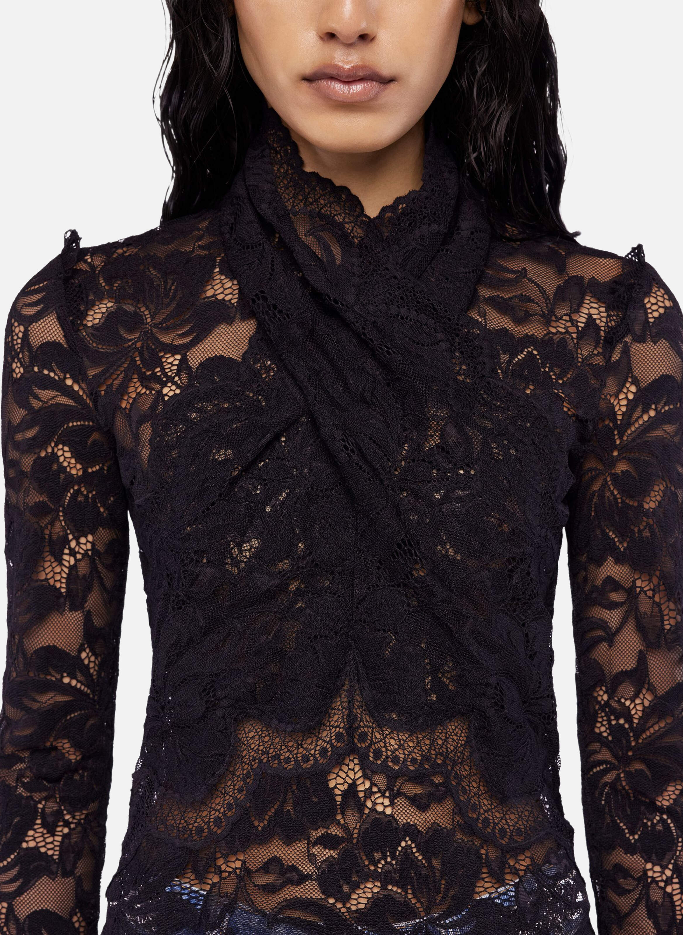 Top manches longues en dentelle col montant RABANNE Noir