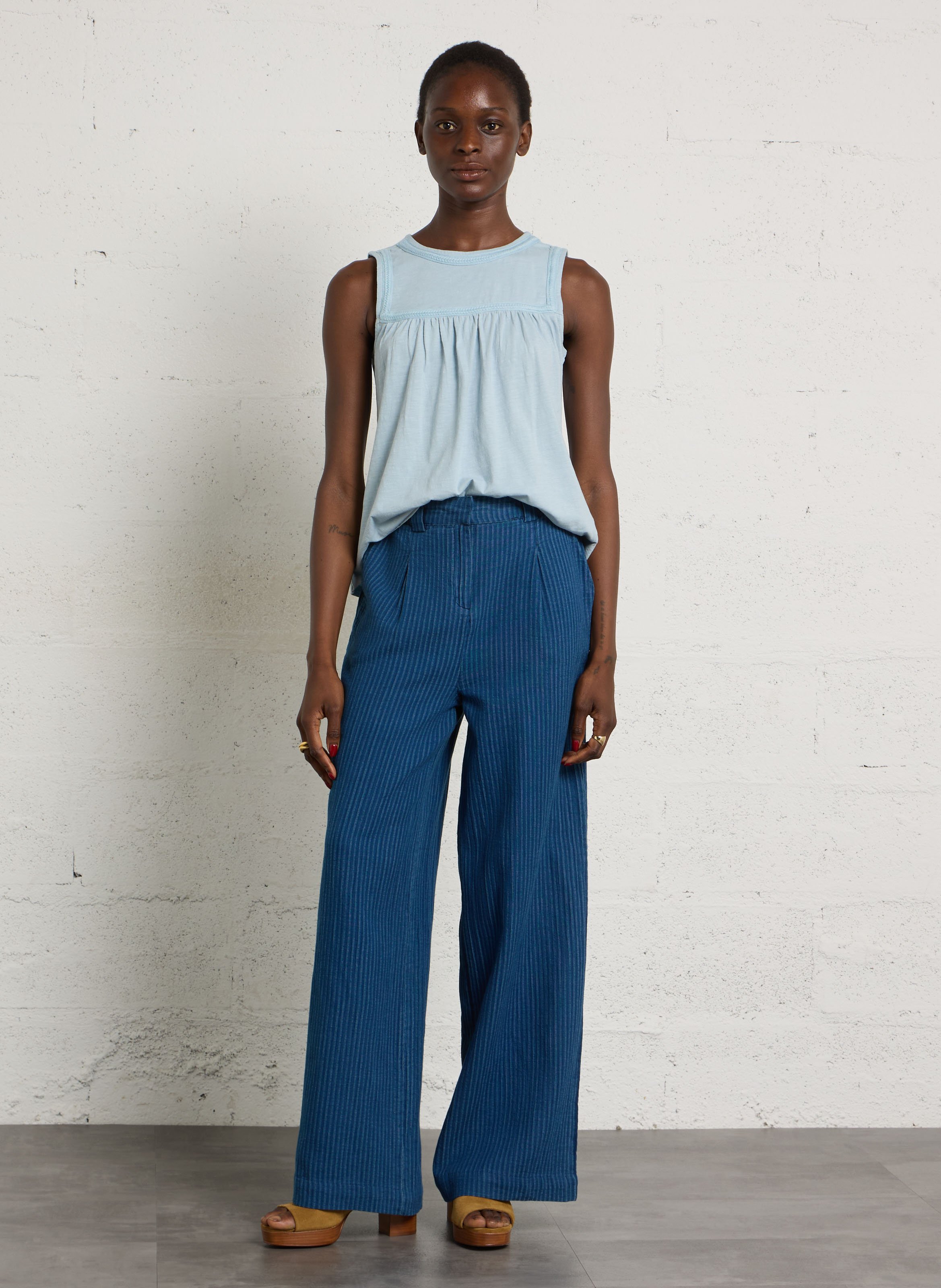 Pantalon large en coton rayé teddy MAISON 123 Bleu