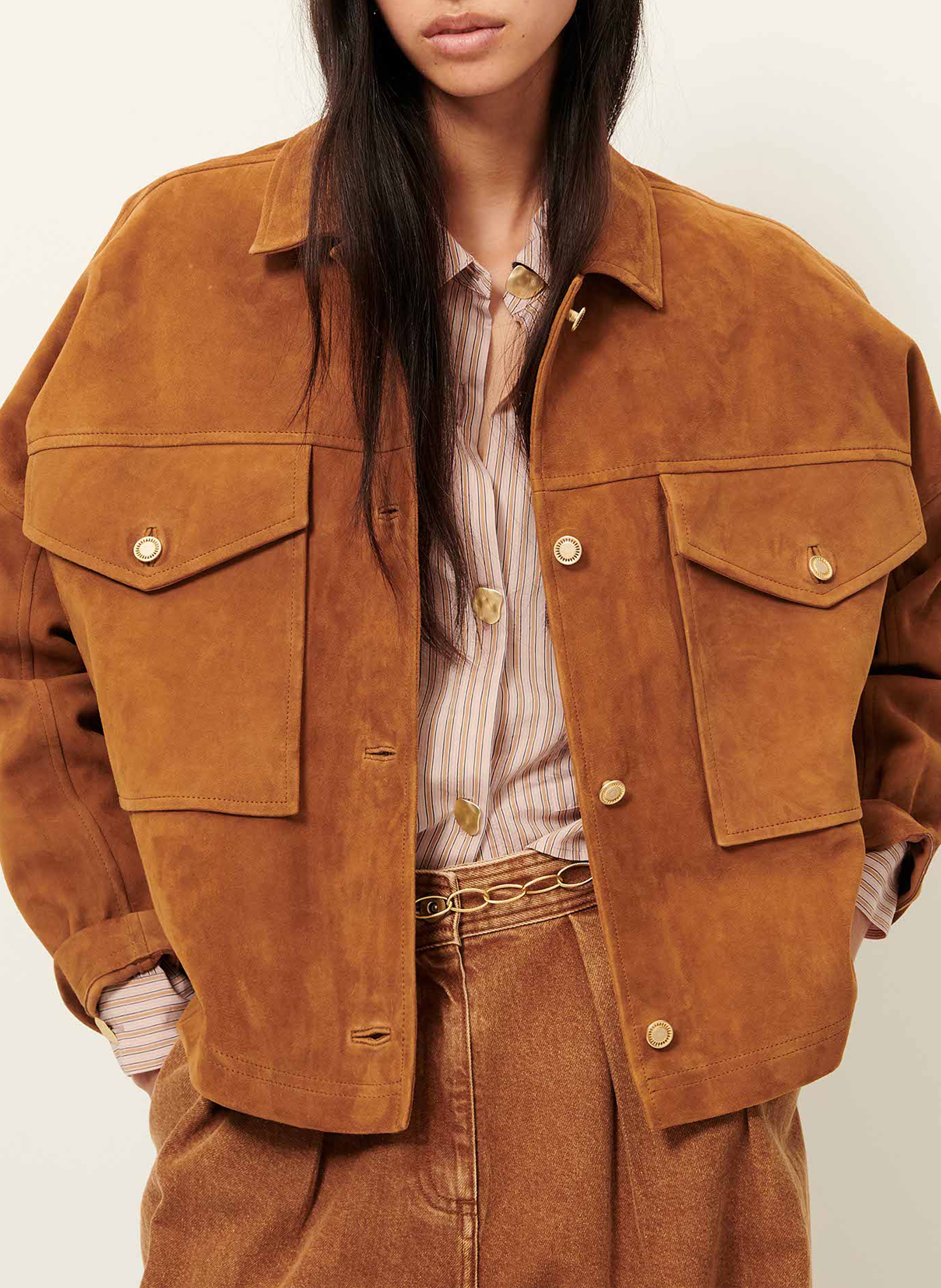 Veste droite col classique en cuir velours Vilaeste SESSUN Marron