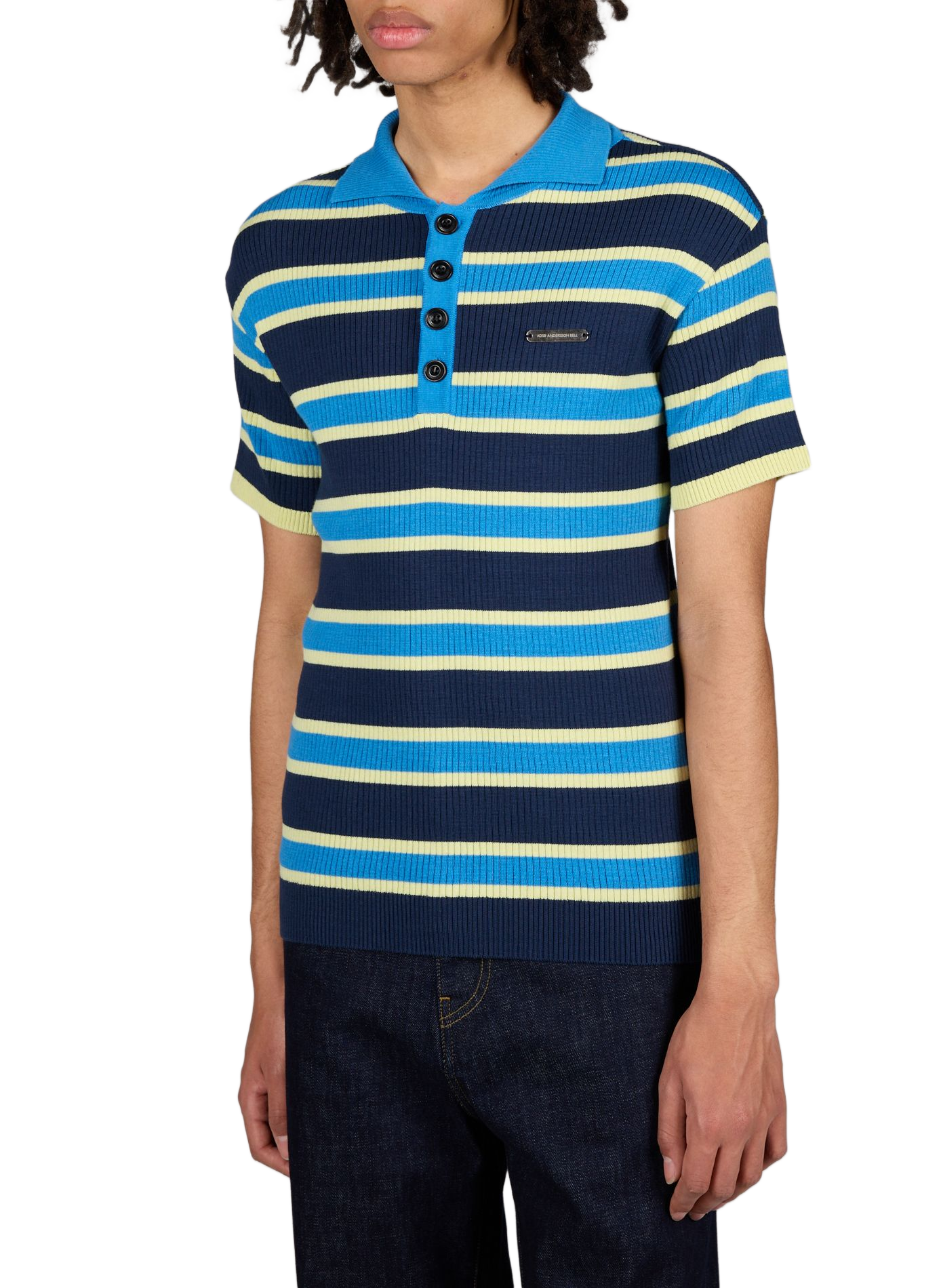 Polo manches courtes à rayures en coton et laine ANDERSSON BELL Bleu