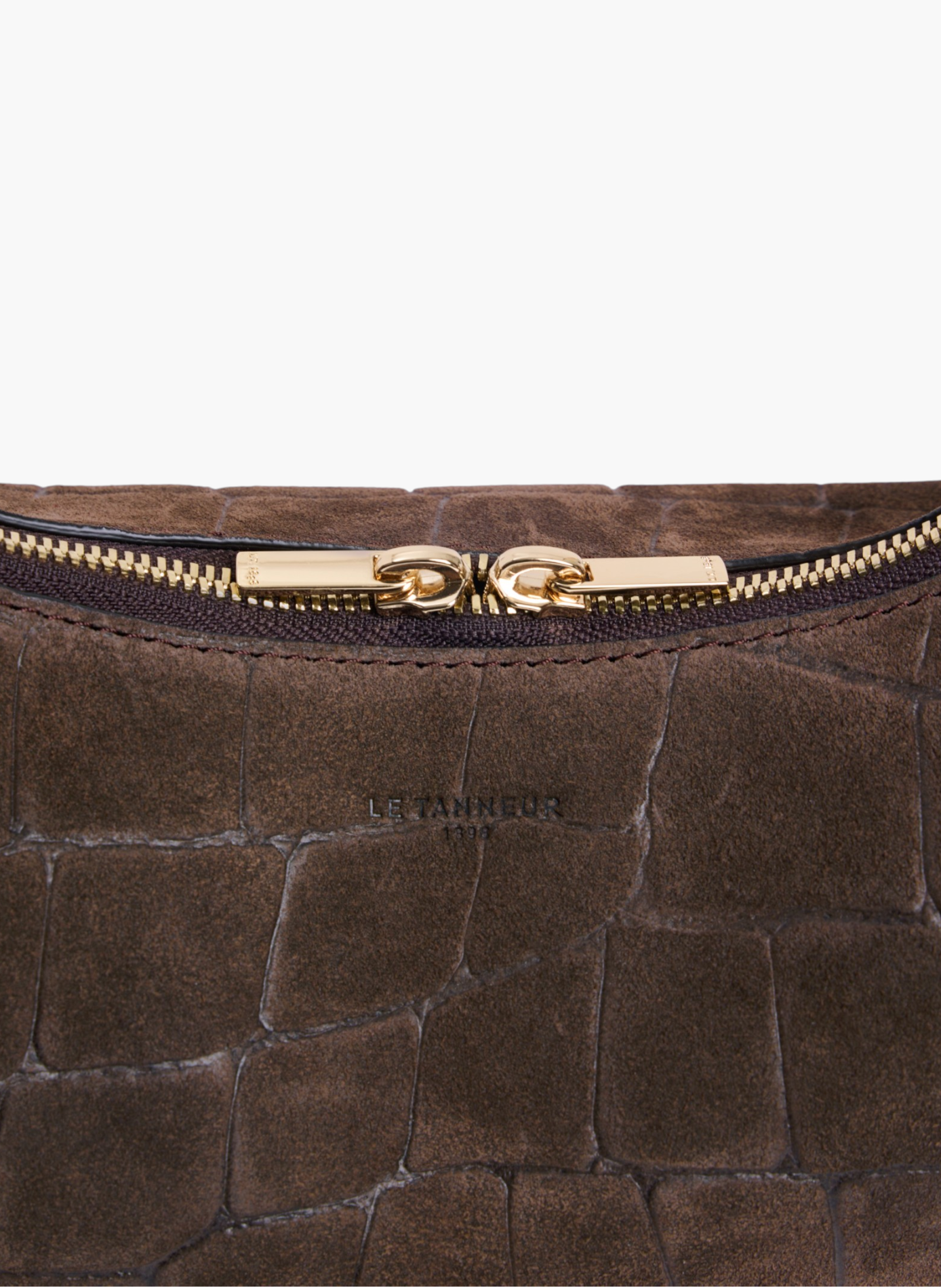 Petit sac hobo juliette en cuir refente de velours embossé crocodile LE TANNEUR Marron
