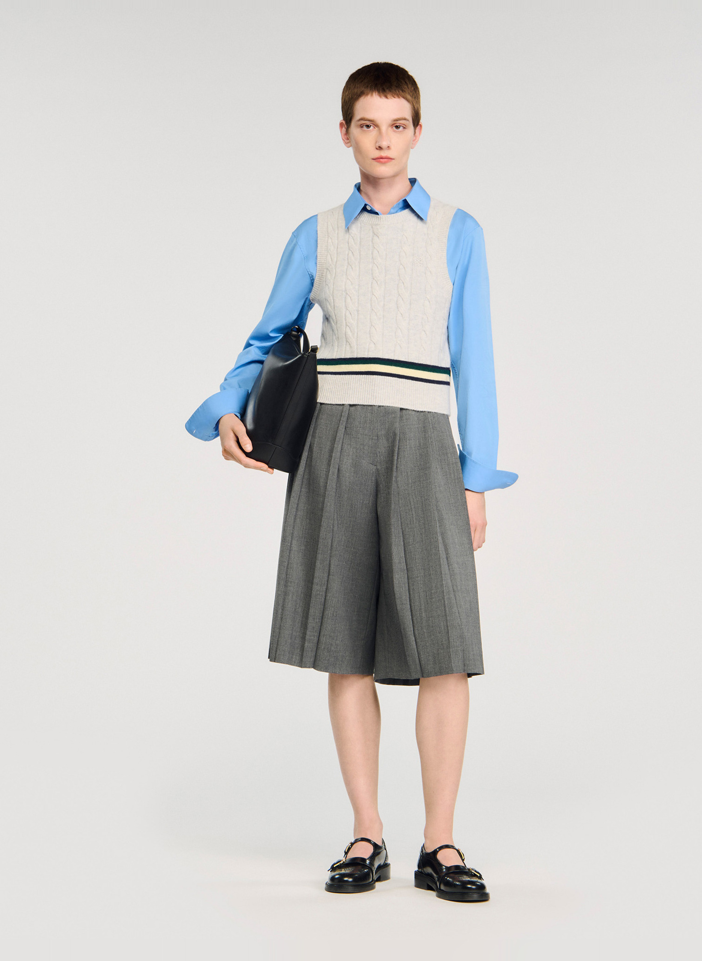 Top col rond en laine et en cachemire mélangés Gris