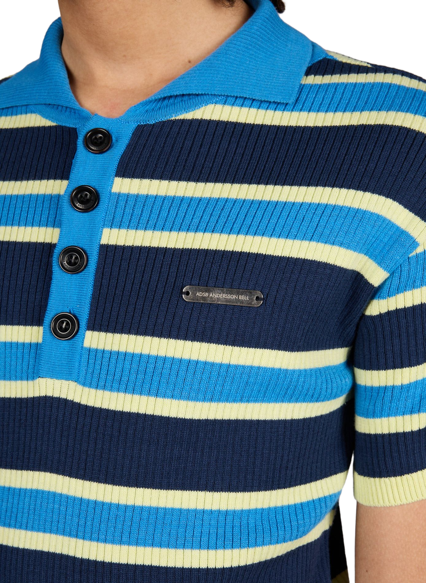 Polo manches courtes à rayures en coton et laine ANDERSSON BELL Bleu