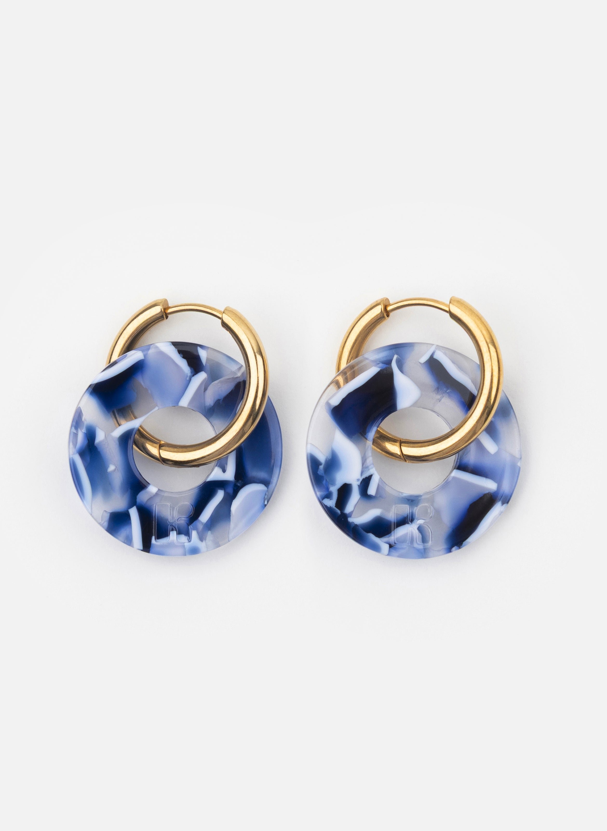 Boucles d'oreilles donuts avec anneaux en acier inoxydable doré KURAGE GINZA Bleu