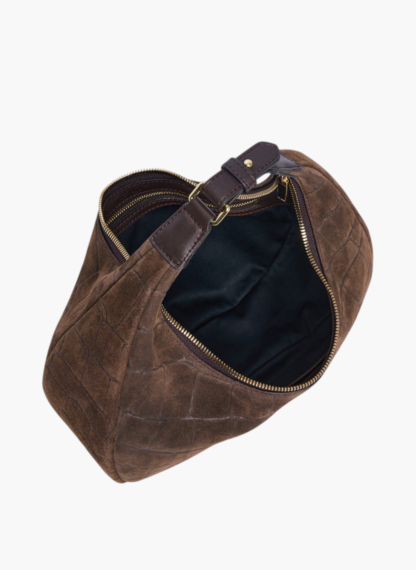Petit sac hobo juliette en cuir refente de velours embossé crocodile LE TANNEUR Marron