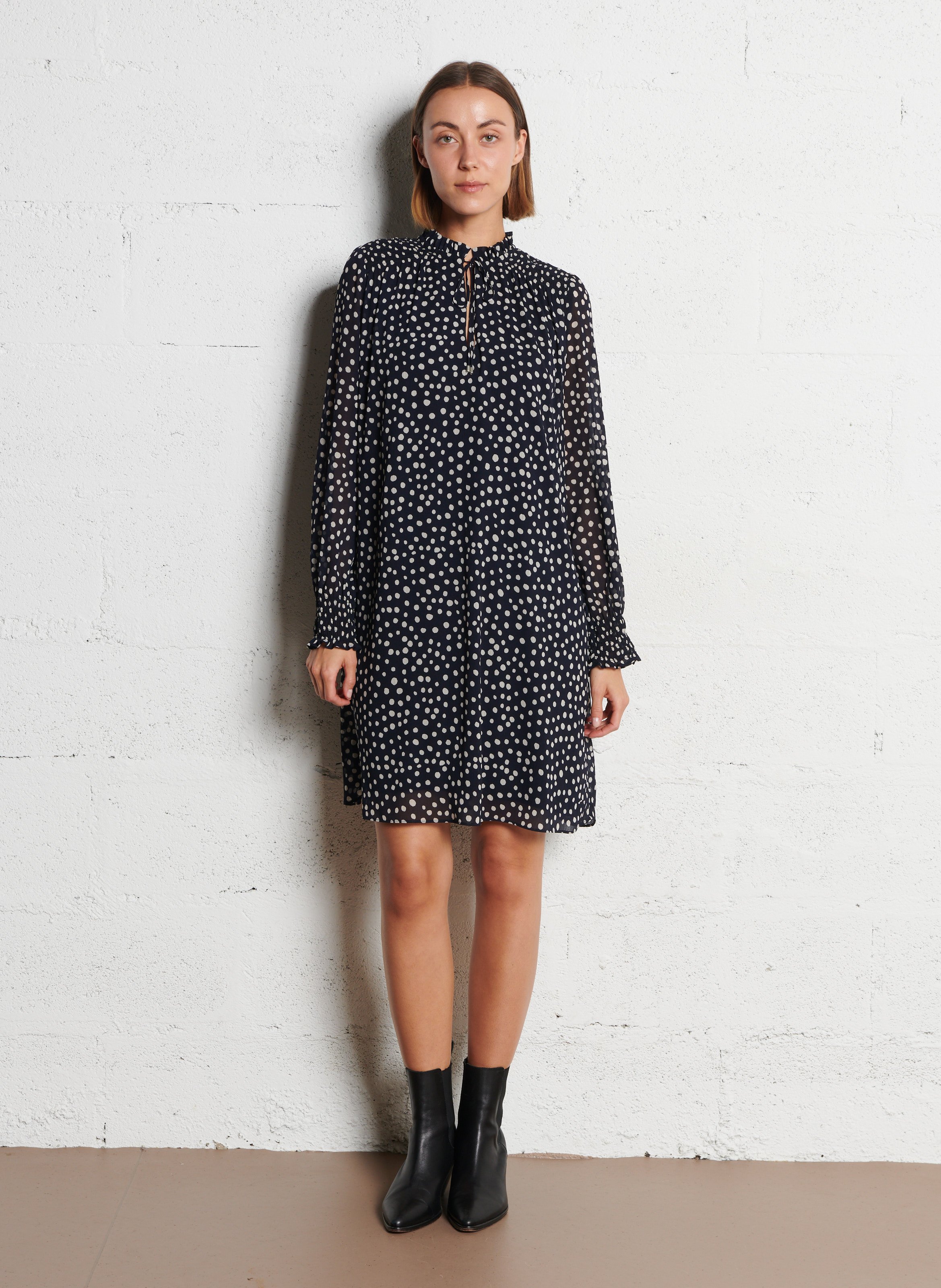 Robe courte col victorien à pois IKKS Bleu