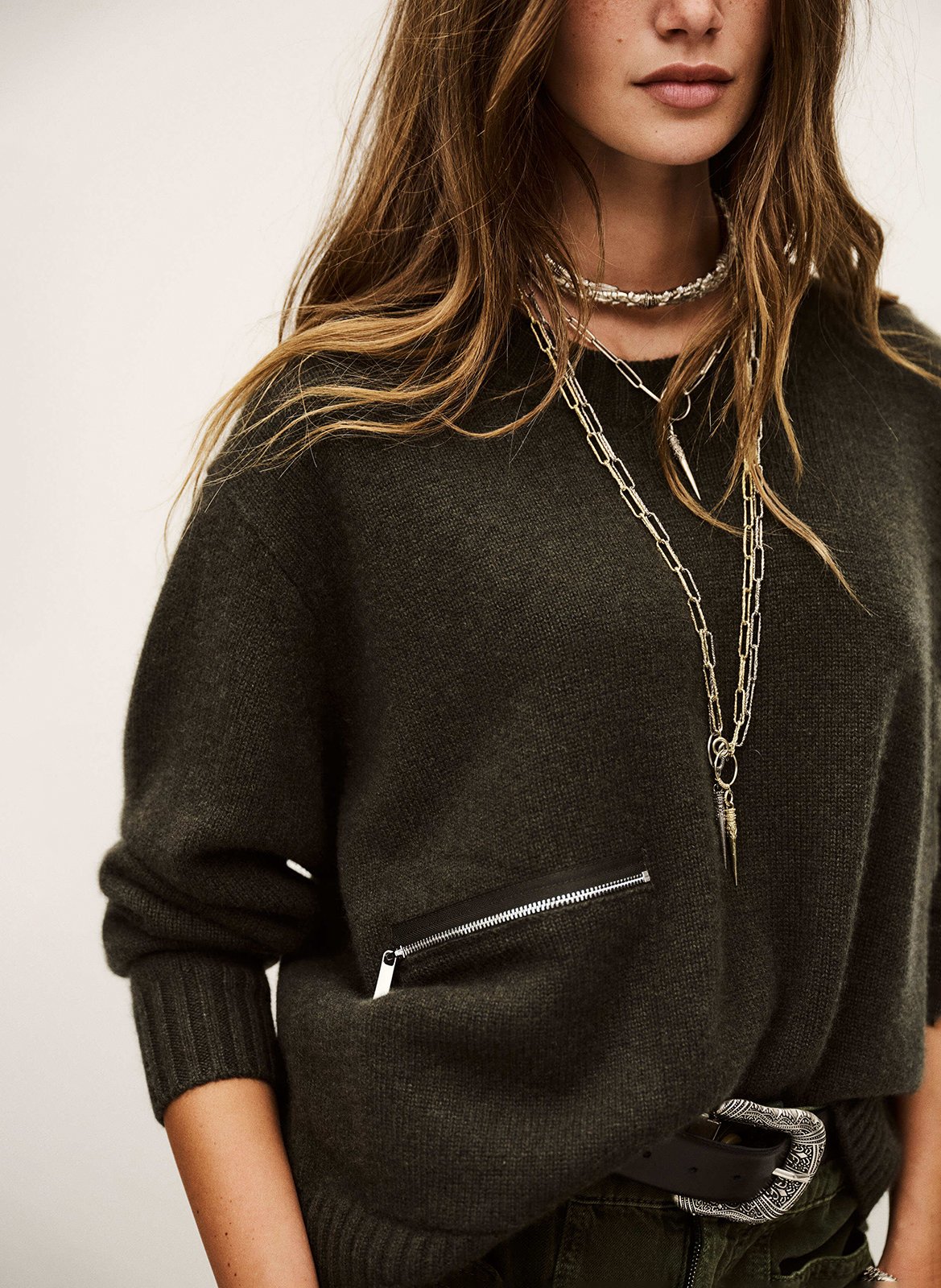 Pull oversize col rond en cachemire cesnik BA&SH Kaki