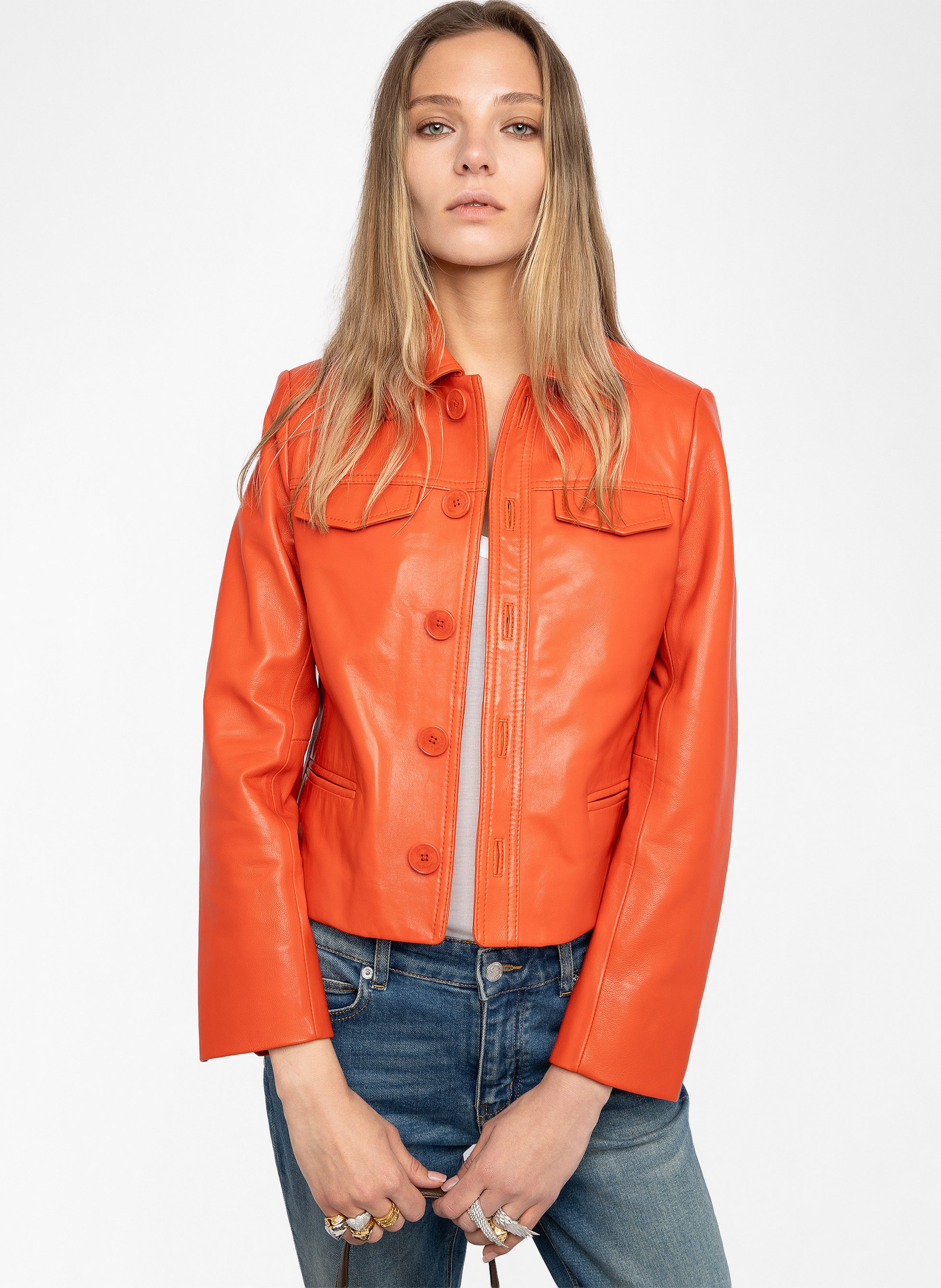 Blouson droit en cuir liam ZADIG&VOLTAIRE Orange