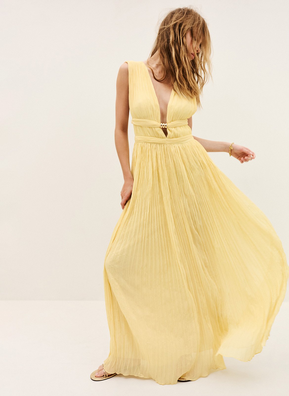 Sleeveless solid pleated long dress Tania BA&SH Beige