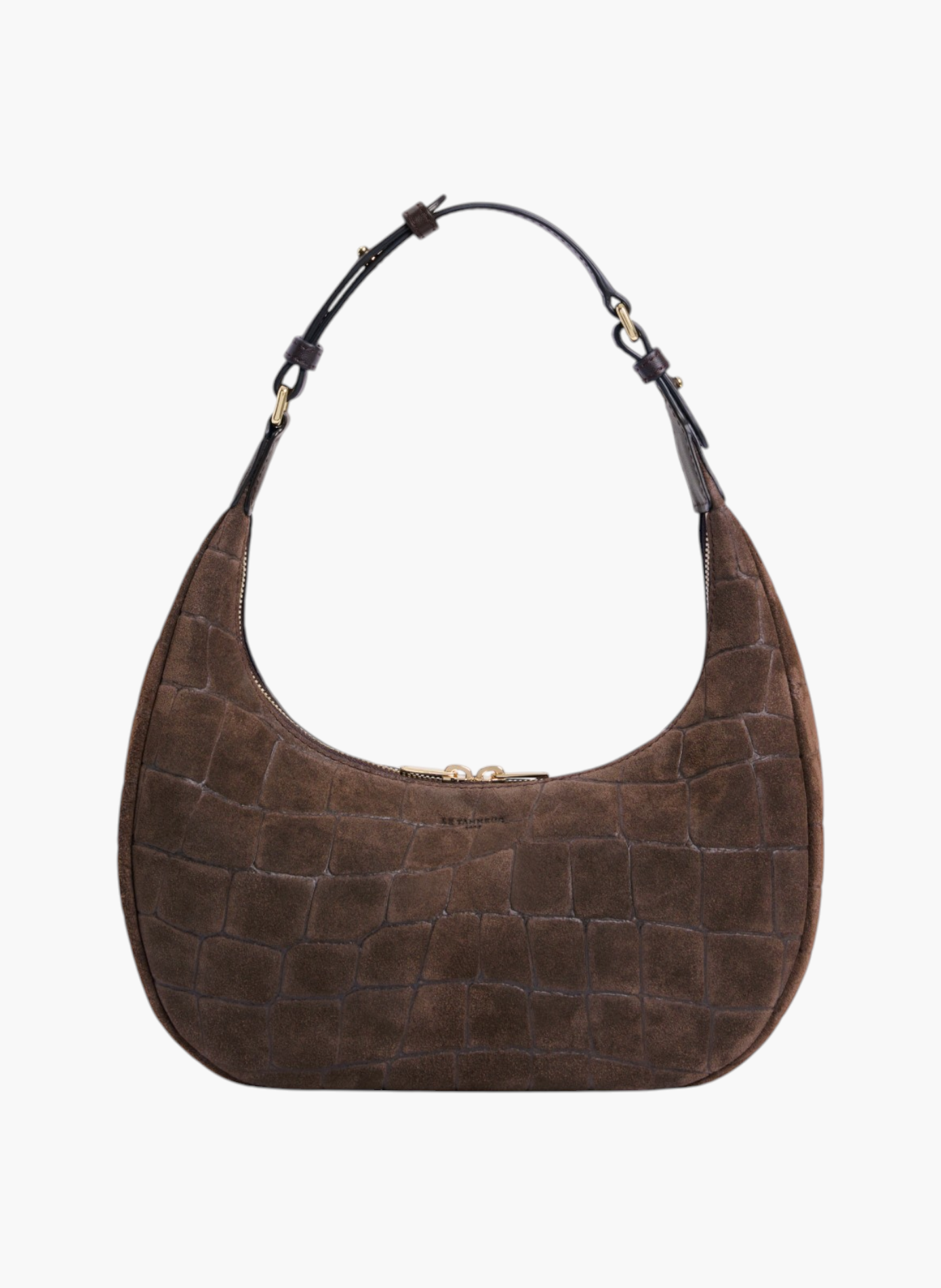 Petit sac hobo juliette en cuir refente de velours embossé crocodile LE TANNEUR Marron