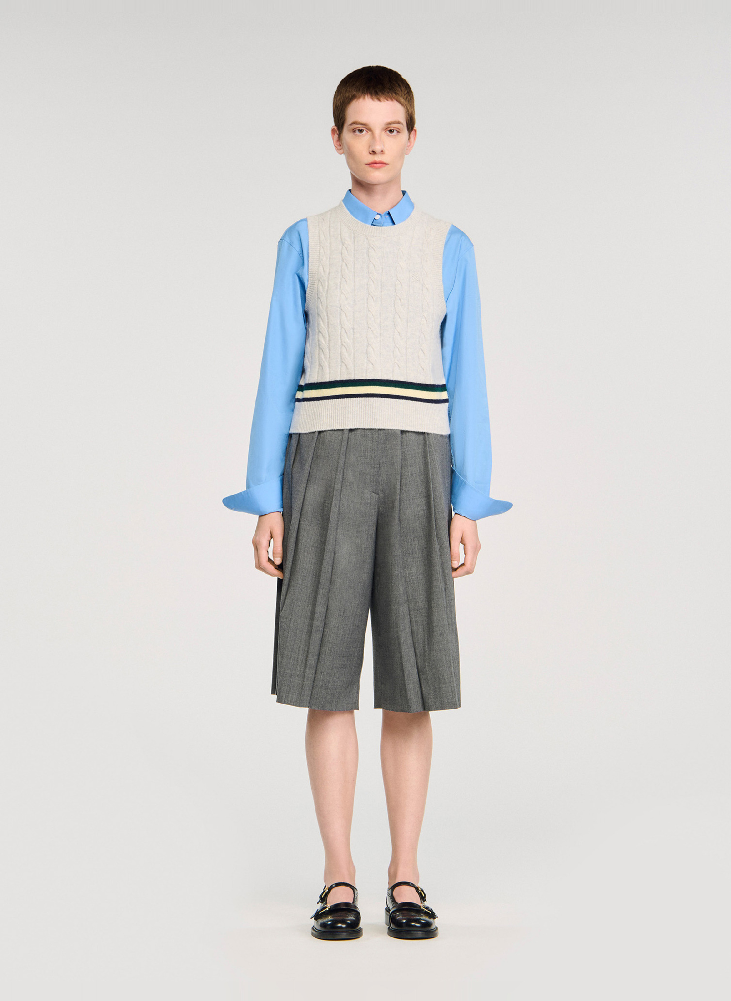 Top col rond en laine et en cachemire mélangés Gris