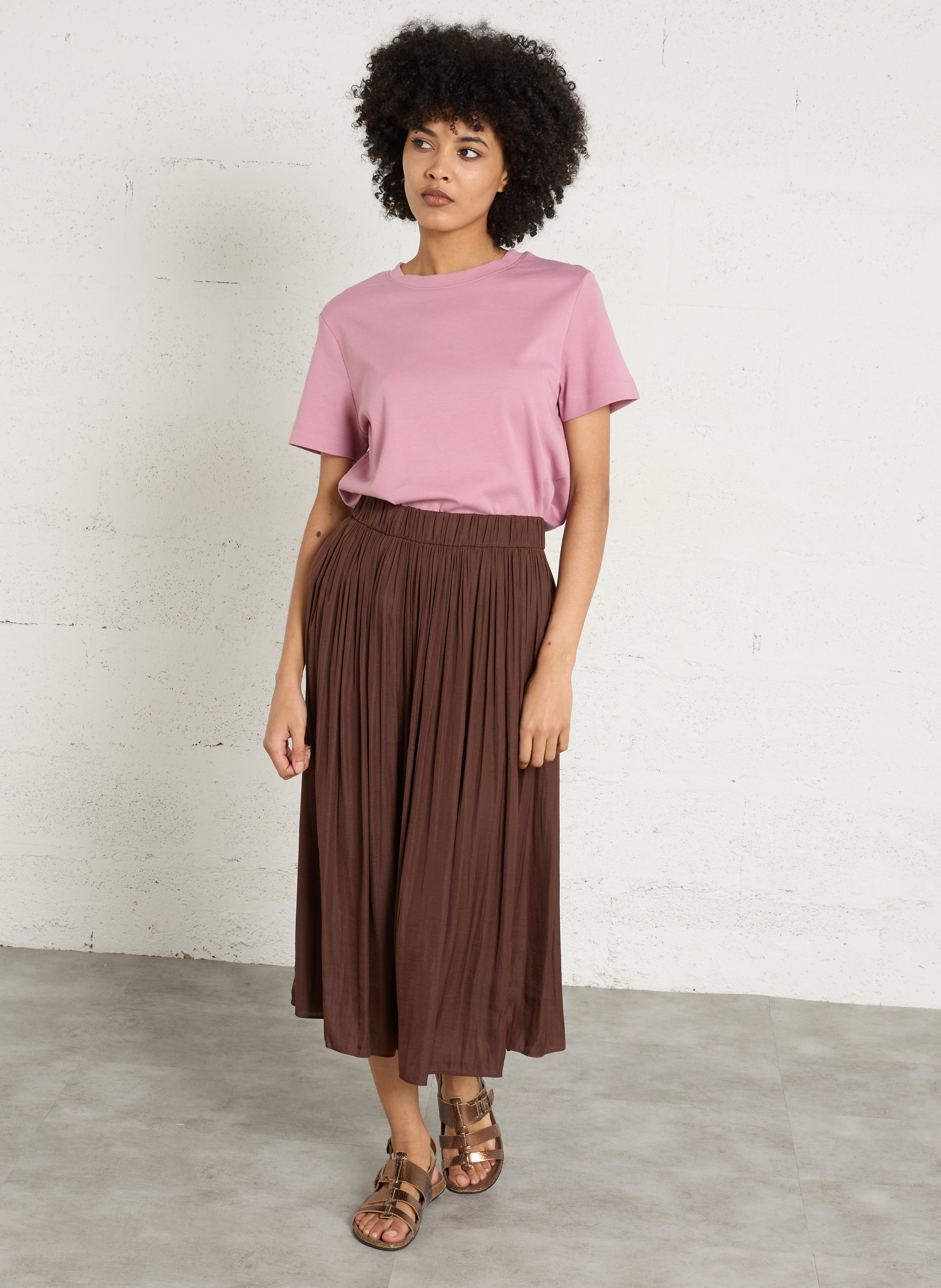 Tee-shirt droit col rond en coton leni MAISON 123 Rose