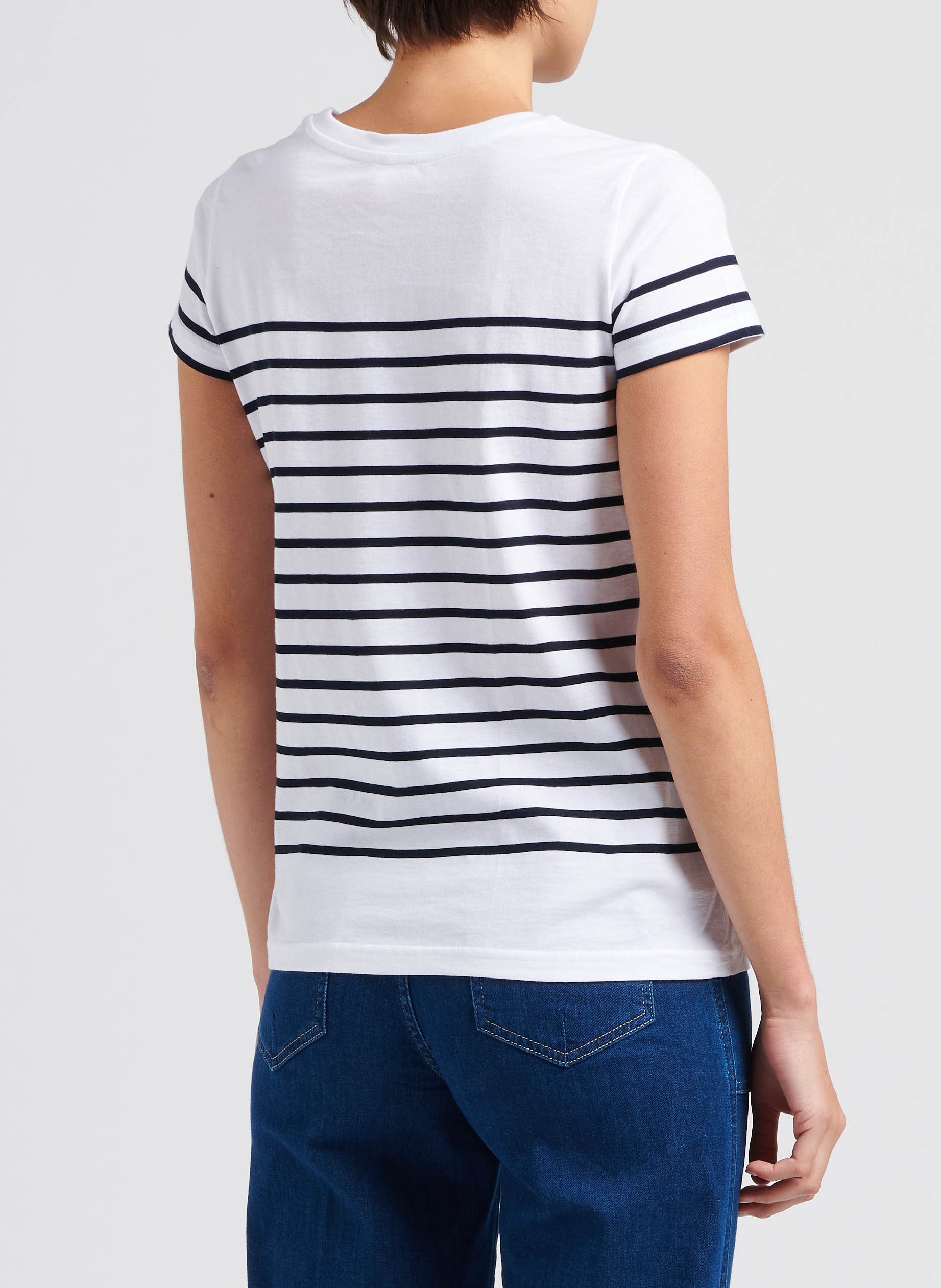 Tee-shirt col rond rayé en coton Blanc