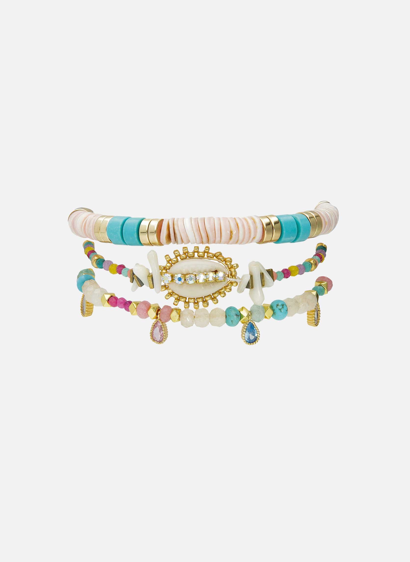 Bracelet manchette multiliens avec perles et coquillage calipso HIPANEMA Doré