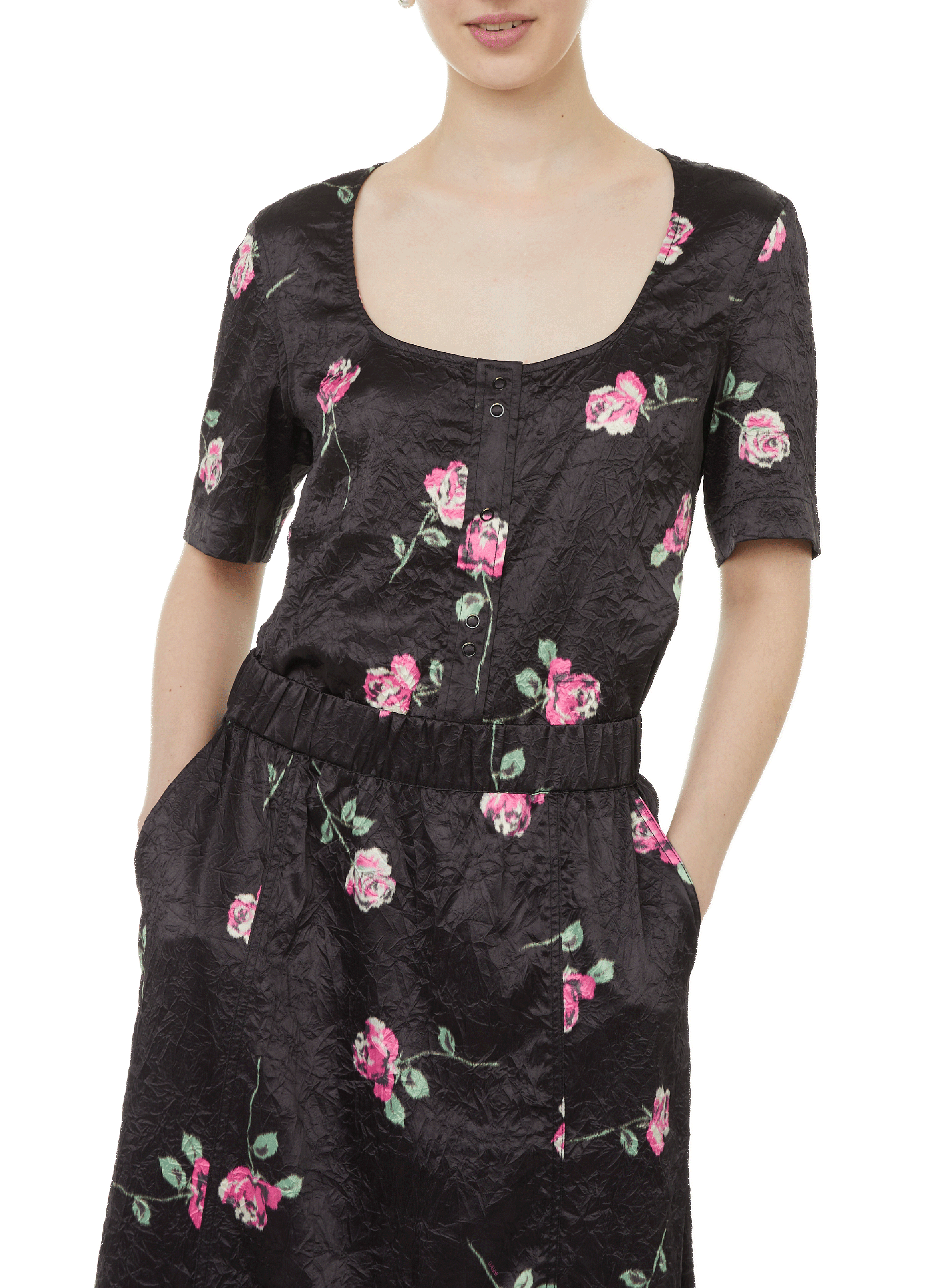 GANNI Top en satin froissé Noir