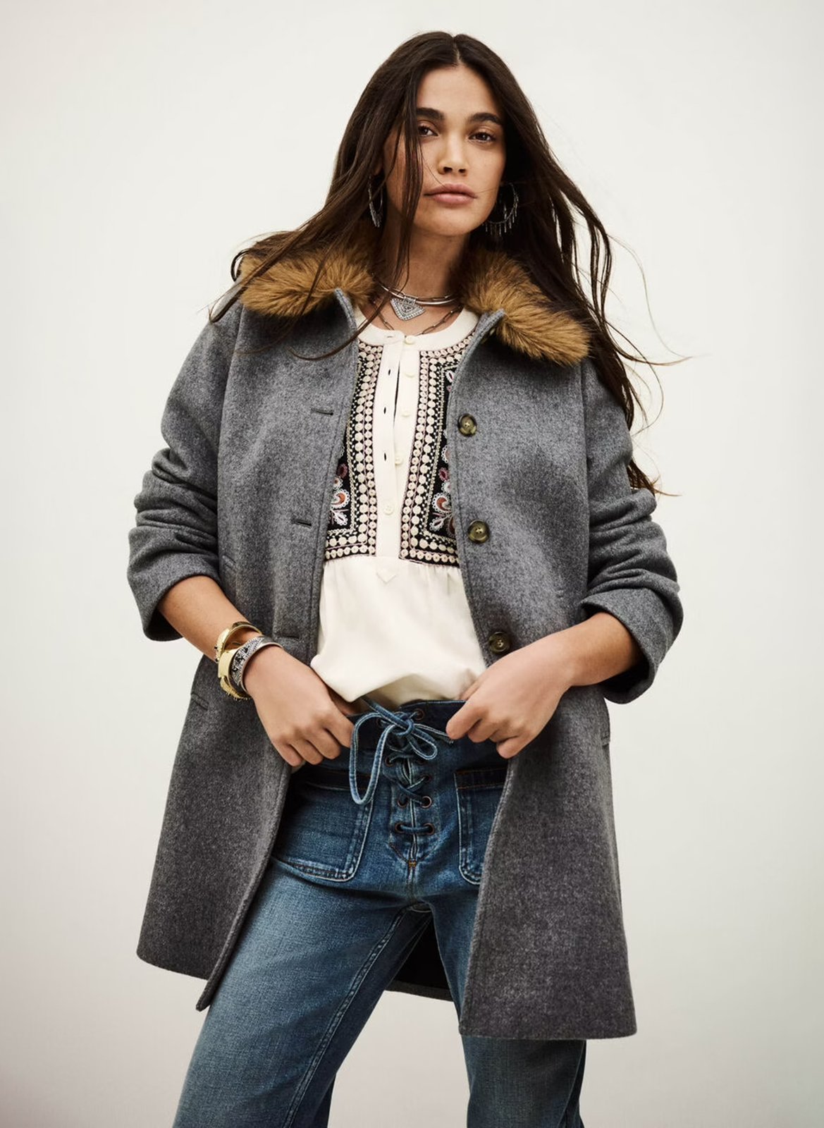 Manteau droit en laine mélangée talling BA&SH Gris