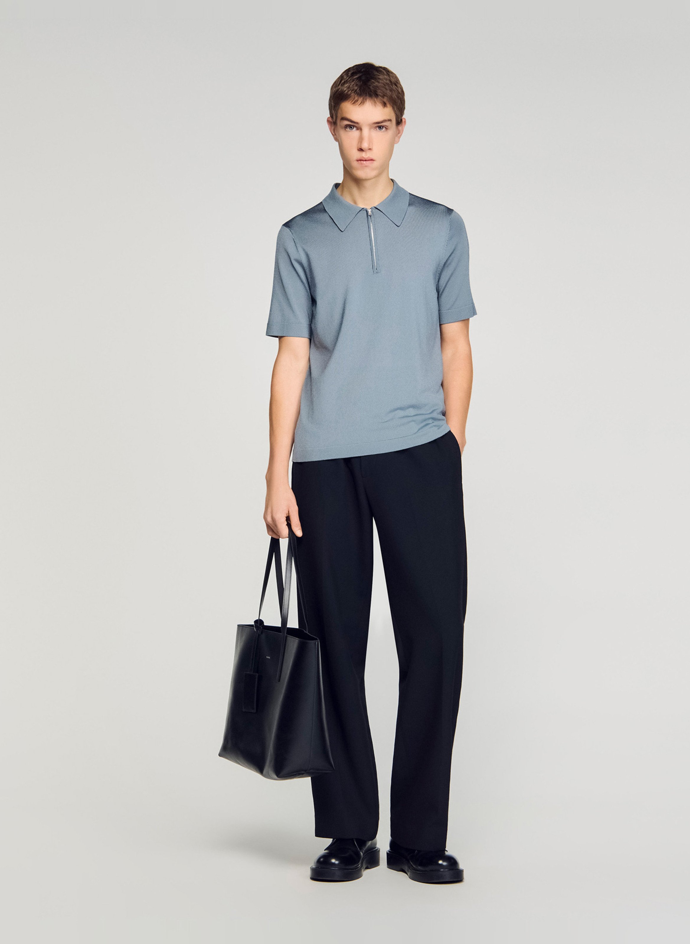 T-shirt manches courtes à col polo zippé SANDRO Gris