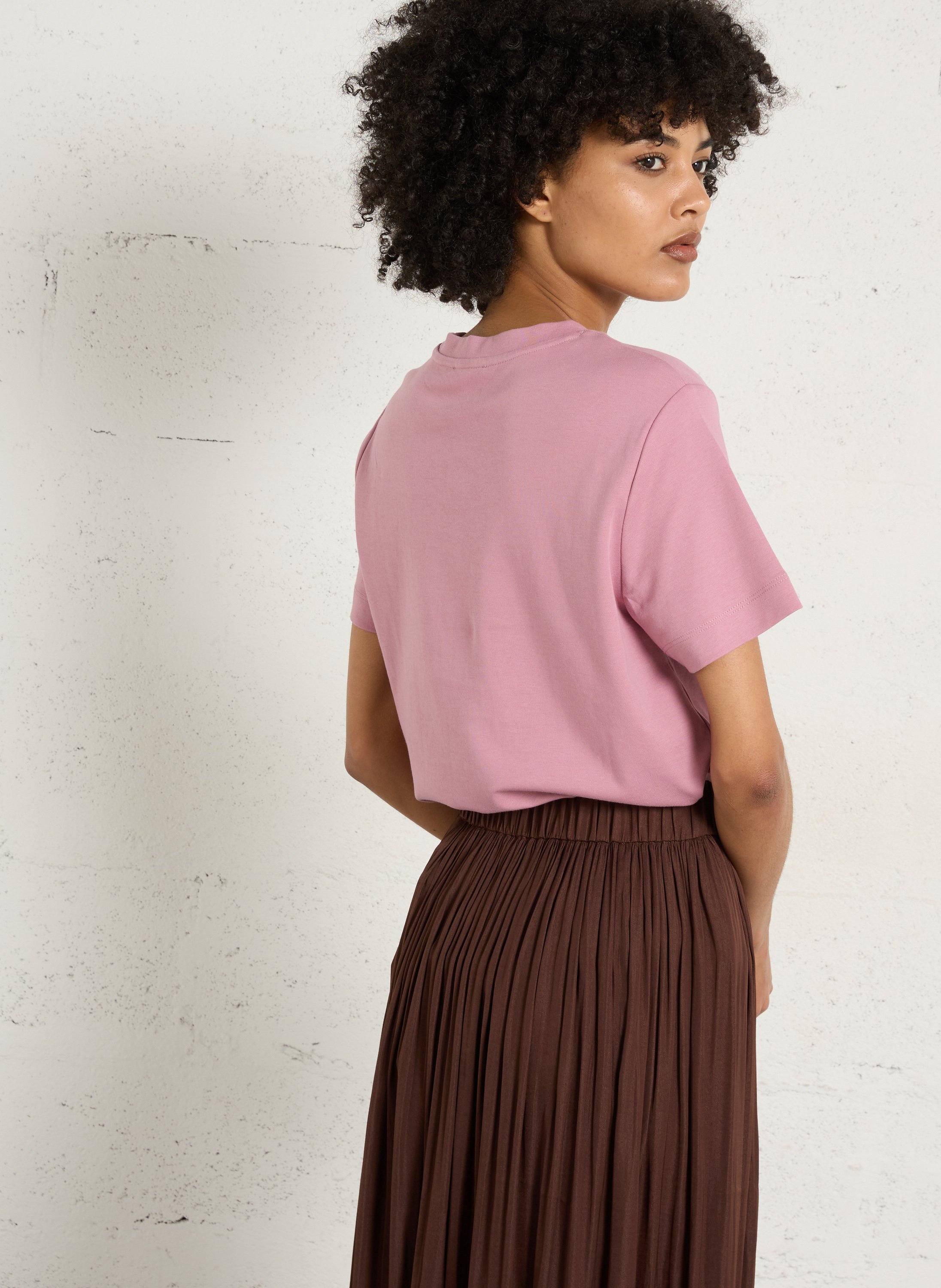 Tee-shirt droit col rond en coton leni MAISON 123 Rose