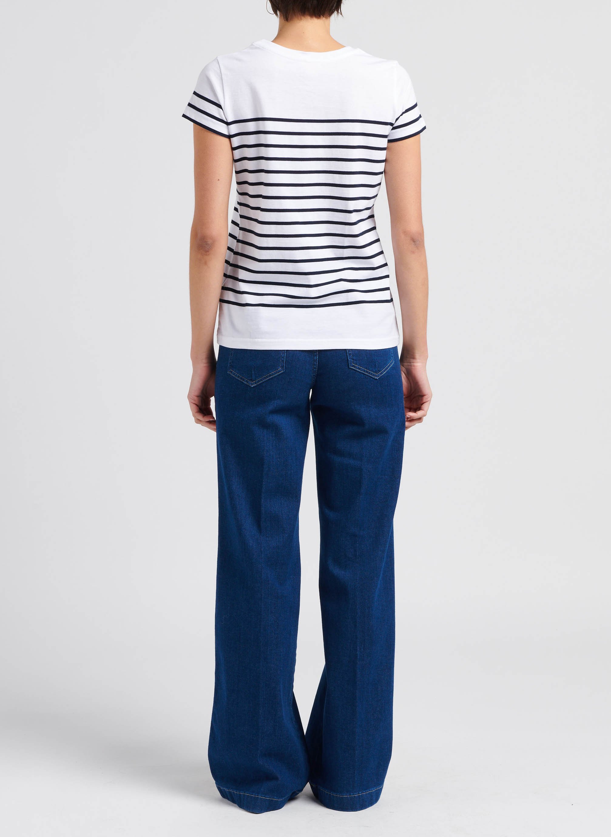 Tee-shirt col rond rayé en coton Blanc