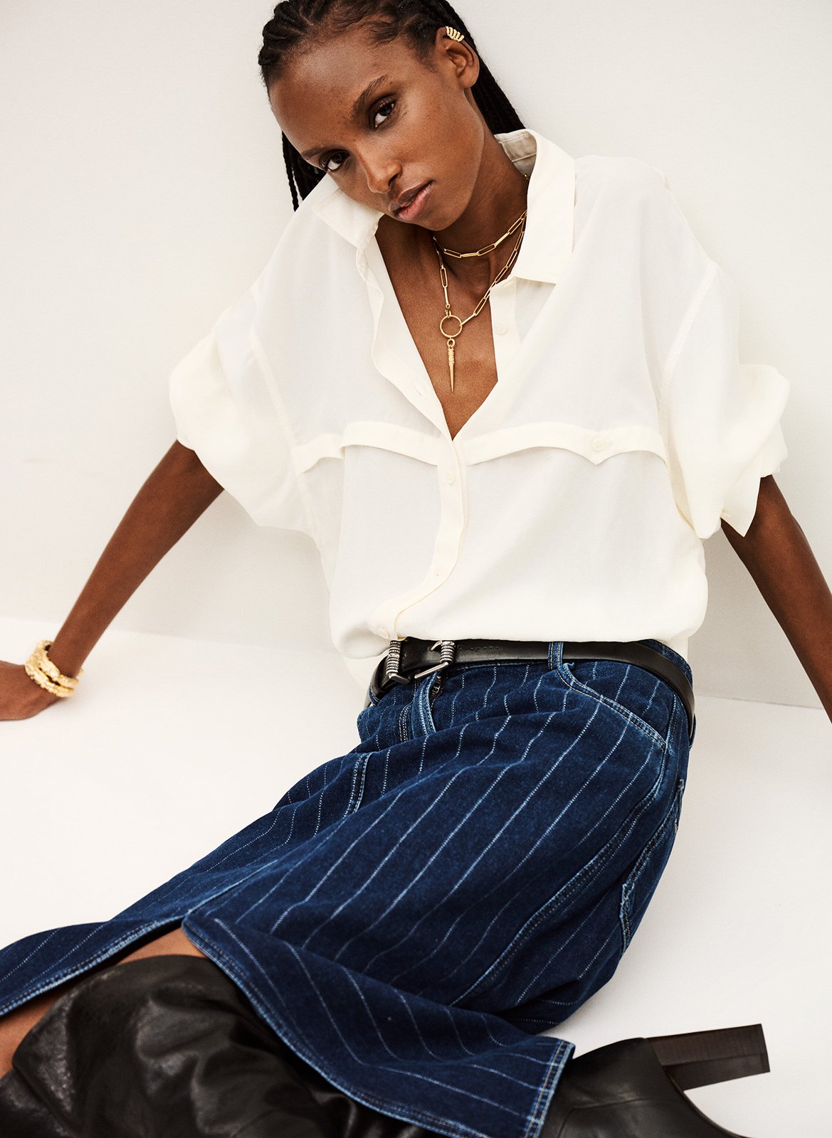 Jupe midi en coton rayé romy BA&SH Bleu