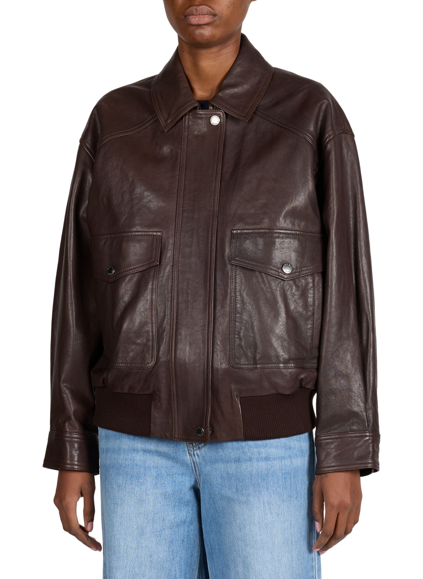 Oversized leather jacket with classic collar WEEK END Brown