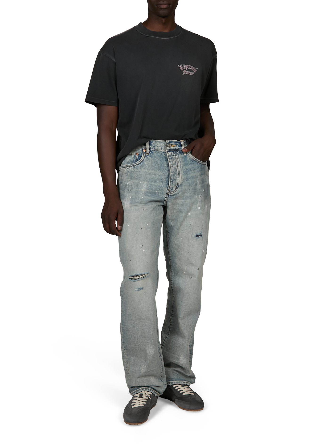 Straight leg jeans with ripped effect and paint splatter in cotton PURPLE BRAND Blue