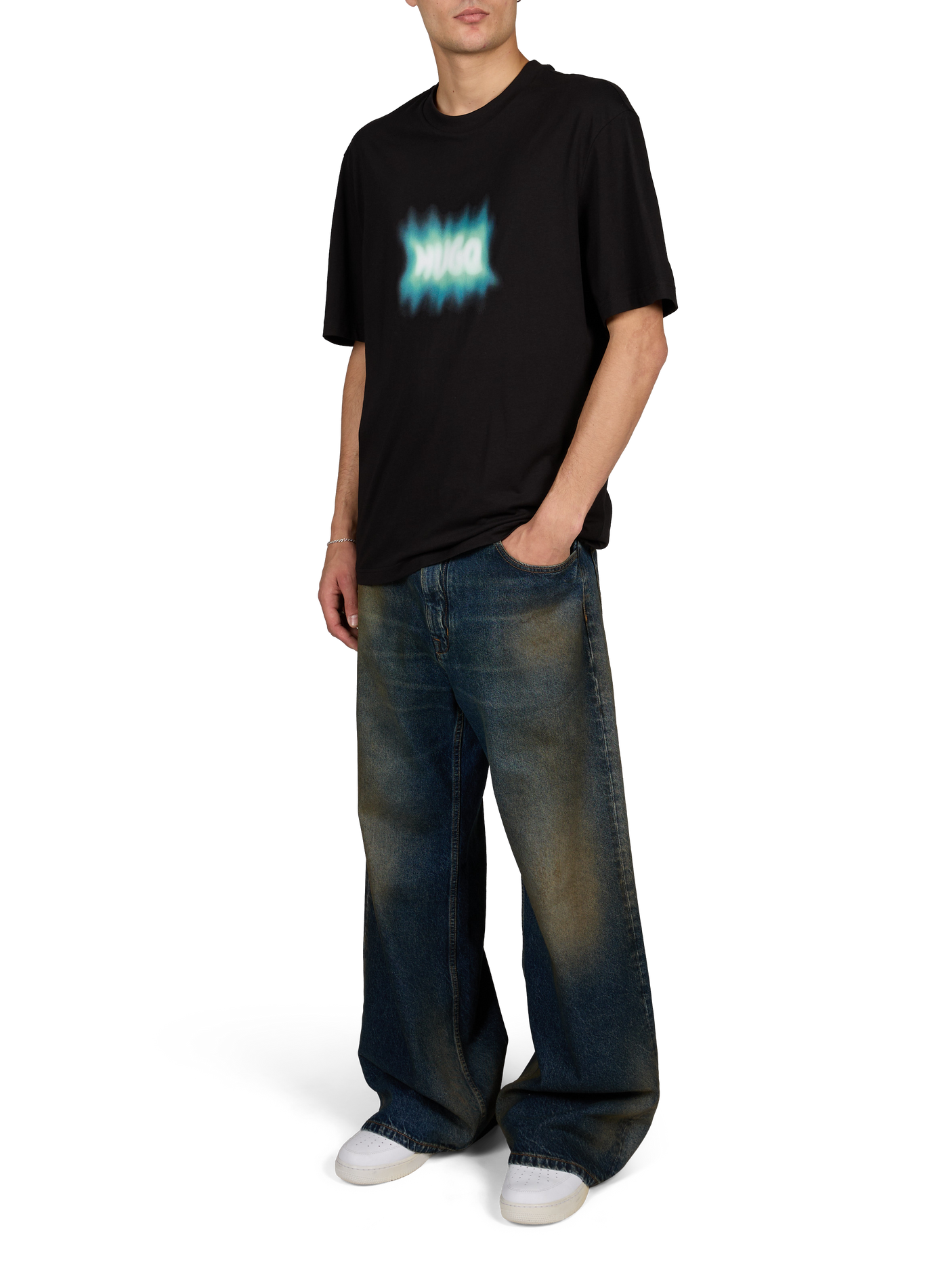 Gerade geschnittenes T-Shirt mit Rundhalsausschnitt und Siebdruck HUGO BLUE Schwarz