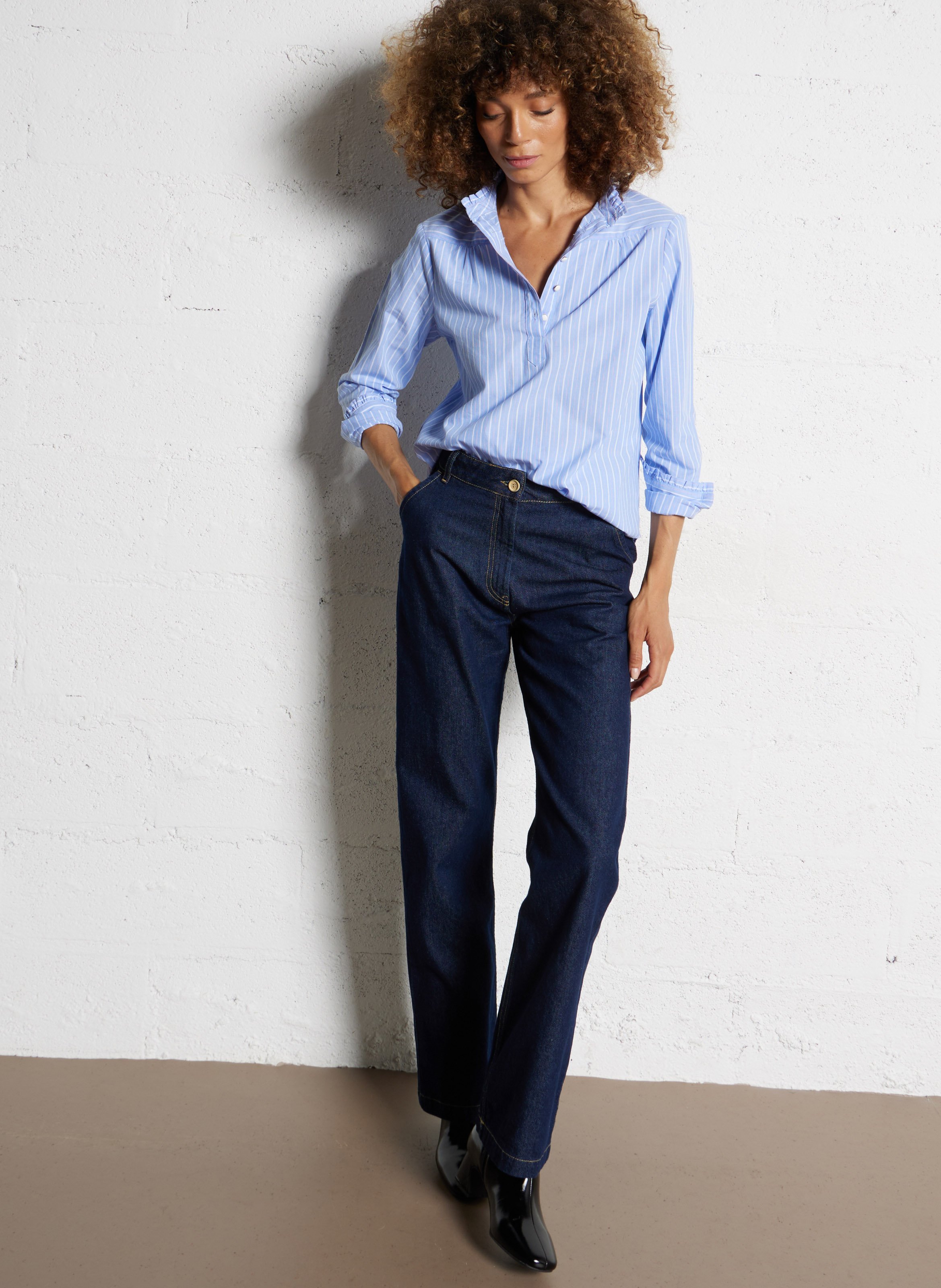 Chemise col rond volanté à rayures ARMOR-LUX Bleu