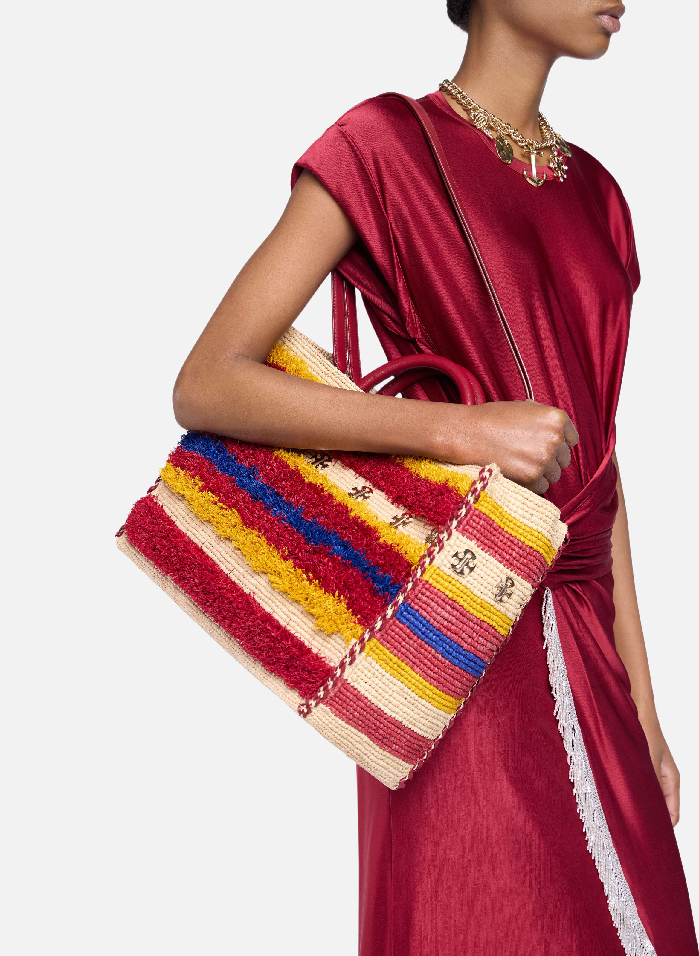 Sac cabas en raphia à anses RABANNE Rouge