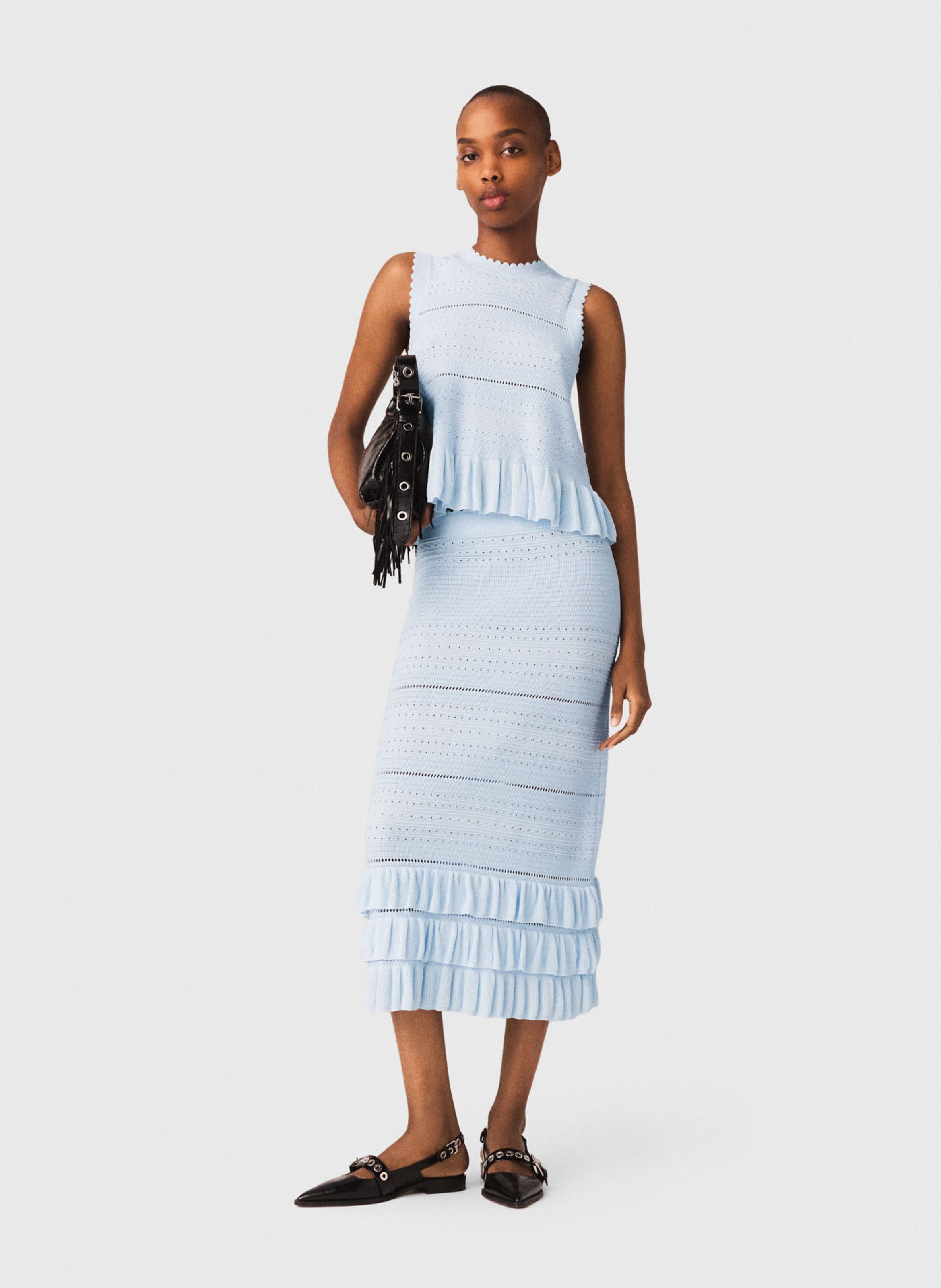 Jupe longue droite en maille MAJE Bleu