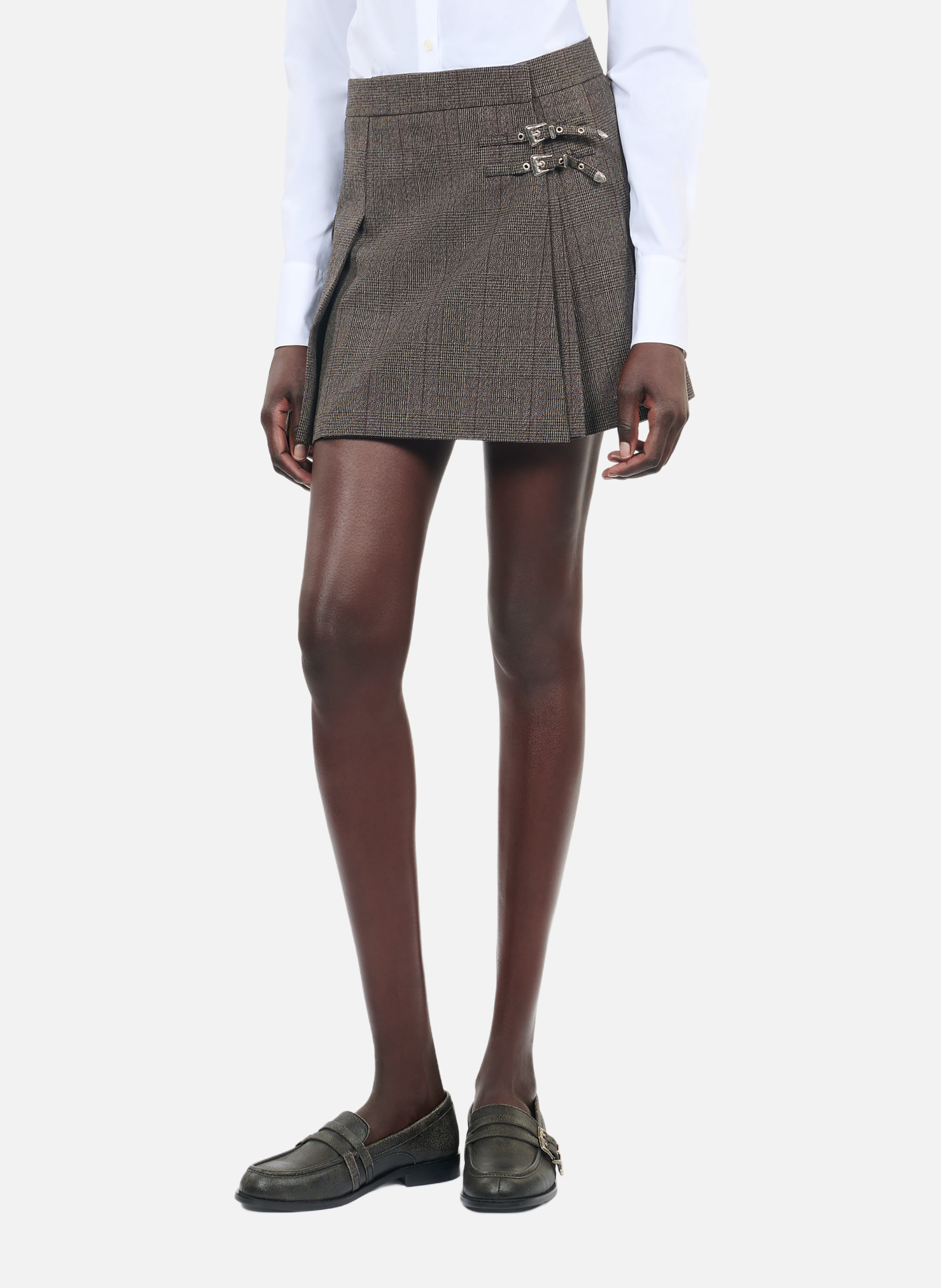 Jupe portefeuille courte prince de galles plissée en laine THE KOOPLES Marron