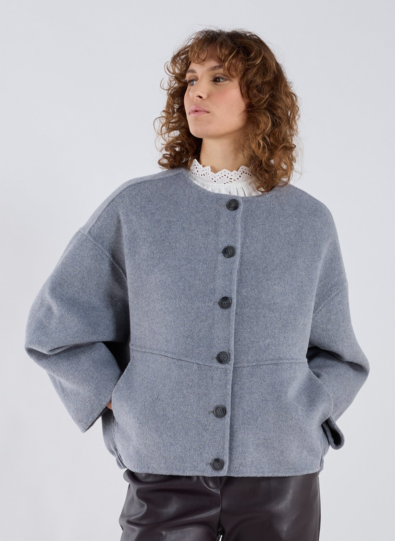 SUNCOO Veste large col rond en laine mélangée Gris