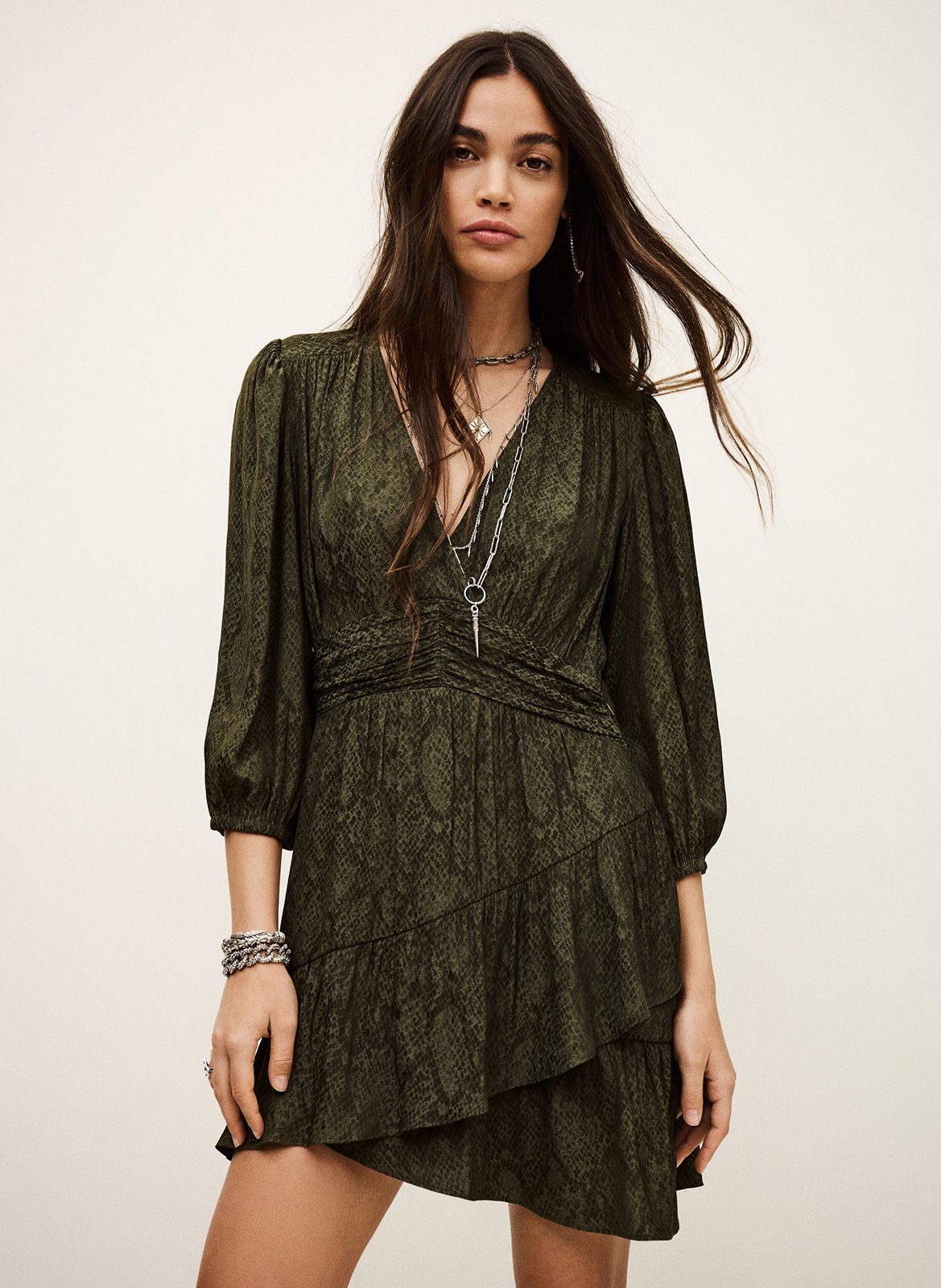 Robe courte col v imprimée romea BA&SH Kaki